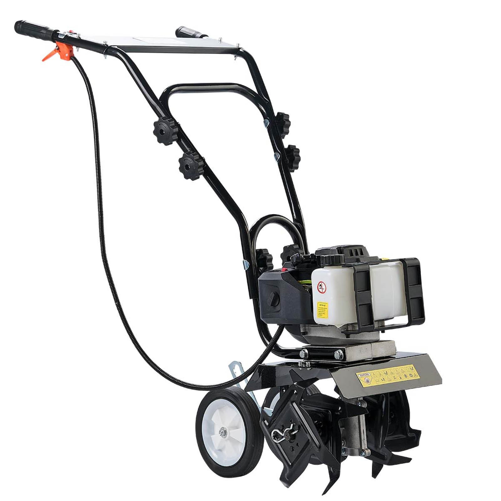 Schwarze Motorhacke mit Benzinmotor, Bodenfräse Gartenfräse mit zwei Rädern und Metallfräszinken.