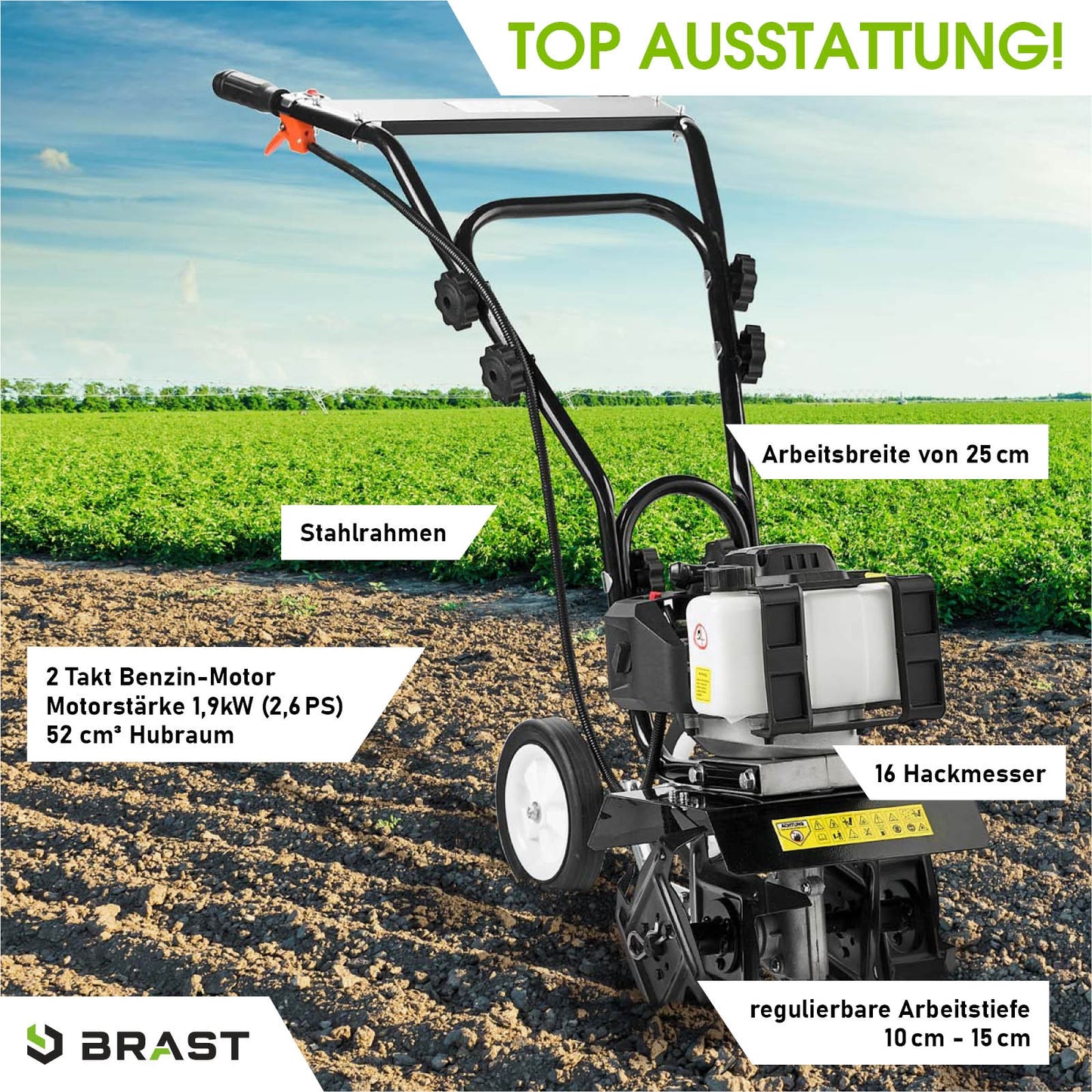 Schwarze Motorhacke mit Benzinmotor, Stahlrahmen, 16 Hackmesser, Bodenfräse Gartenfräse mit 25 cm Arbeitsbreite,.