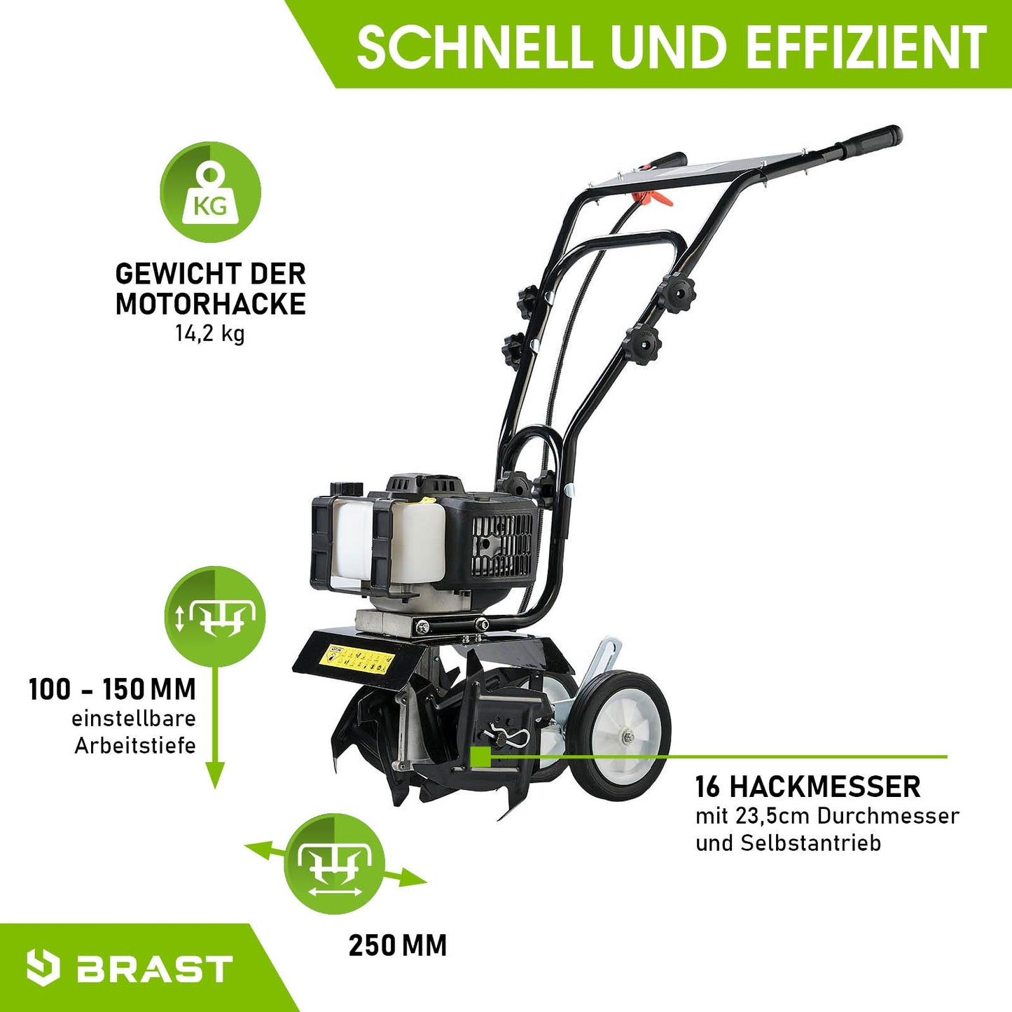 Schwarze Benzin Motorhacke mit 16 Hackmessern, einstellbarer Arbeitstiefe 100-150 mm, Bodenfräse Gartenfräse Pflug mit 250.