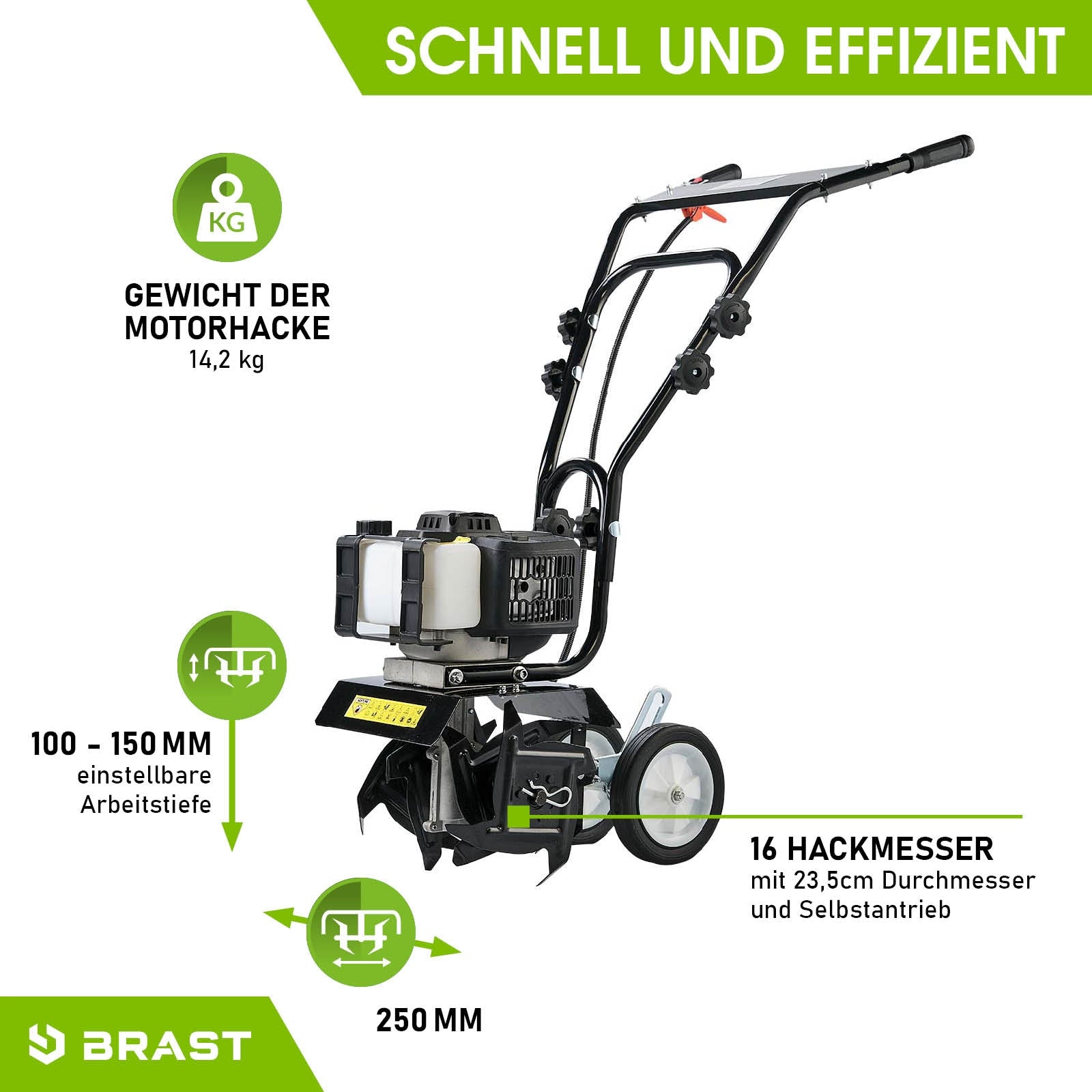 Schwarze Benzin Motorhacke mit 16 Hackmessern, einstellbarer Arbeitstiefe 100-150 mm, Bodenfräse Gartenfräse Pflug mit 250.