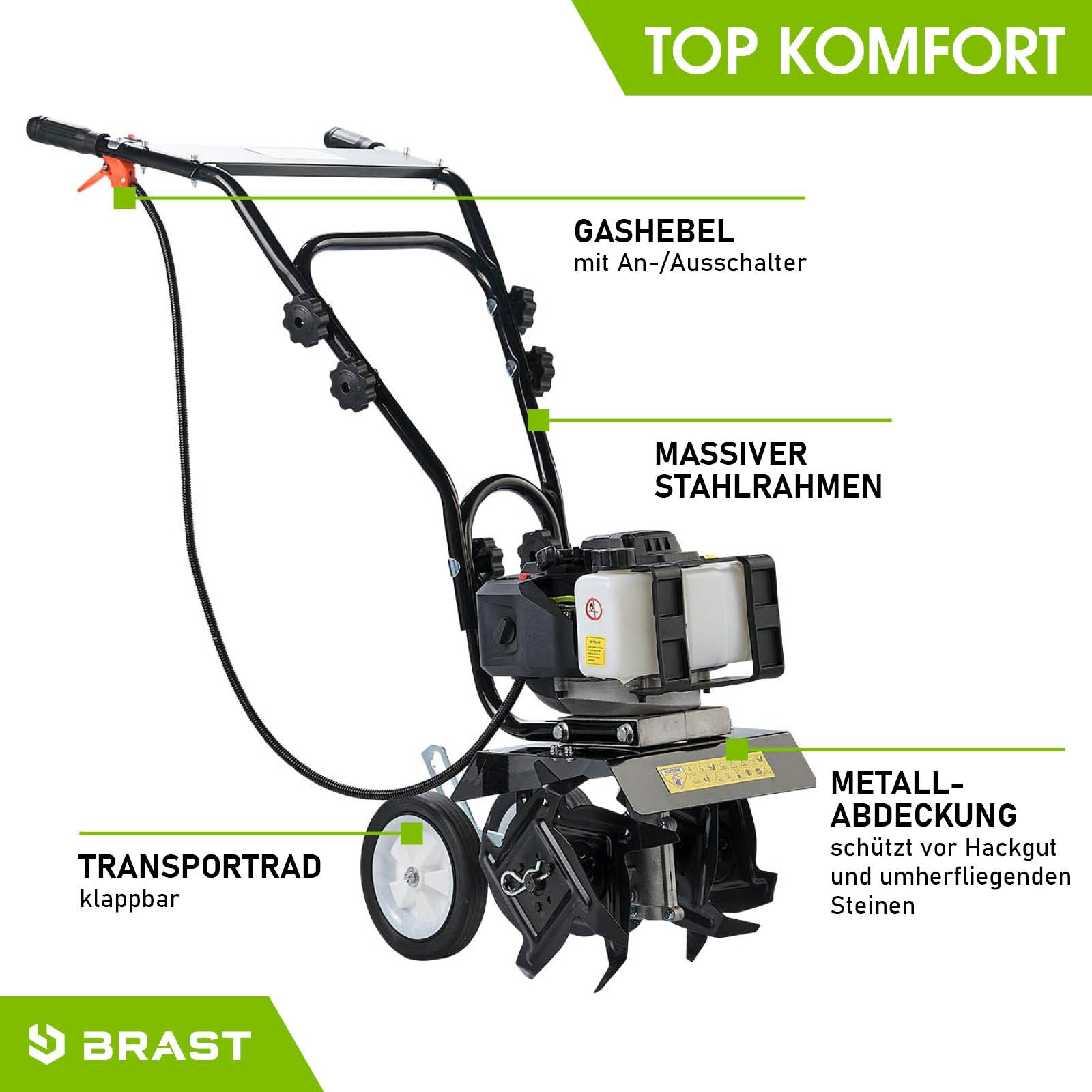 Benzin Motorhacke mit robustem Stahlrahmen, klappbarem Transportrad und Metallabdeckung für Gartenfräse Bodenfräse.