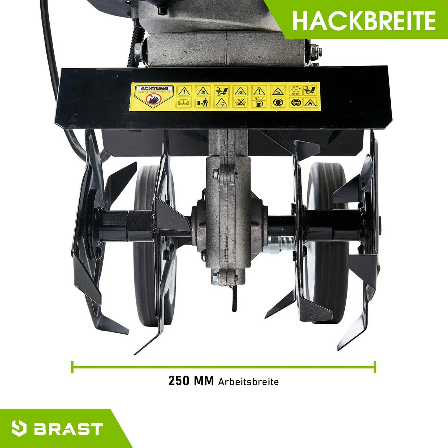 Schwarze Motorhacke mit 250 mm Hackbreite, Bodenfräse Gartenfräse mit robusten Pflugmessern.