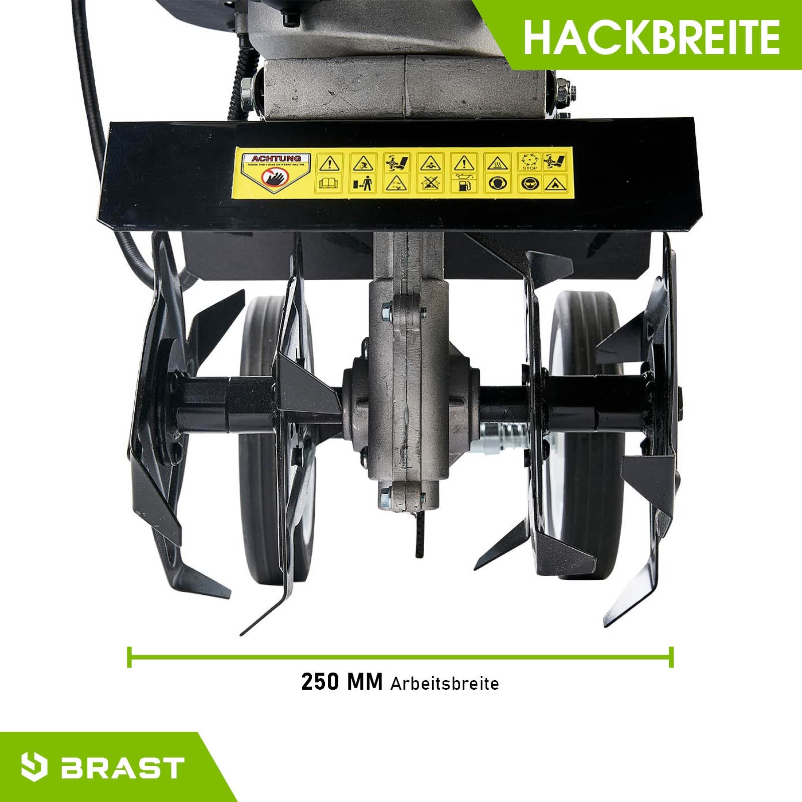 Schwarze Motorhacke mit 250 mm Hackbreite, Bodenfräse Gartenfräse mit robusten Pflugmessern.