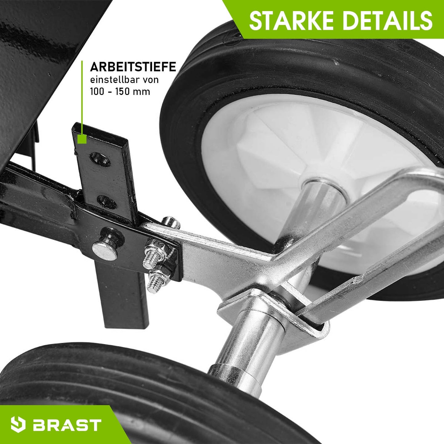 Nahaufnahme von einstellbarem Tiefenrad der Benzin Motorhacke als Bodenfräse Gartenfräse mit robustem Metallrahmen.