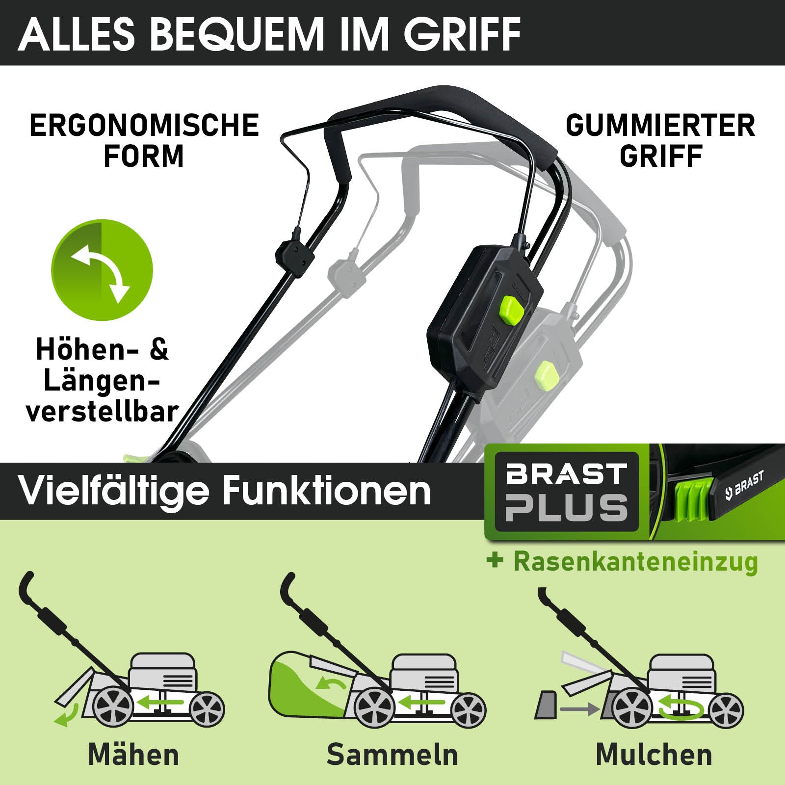 Schwarzer Akku Mäher mit ergonomischem, gummiertem Griff und höhenverstellbarem Stiel.