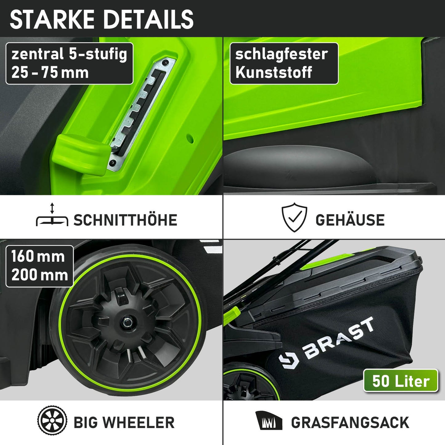 Grüner BRAST Akku Mäher mit 50-Liter Grasfangsack und robustem Gehäuse aus schlagfestem Kunststoff.