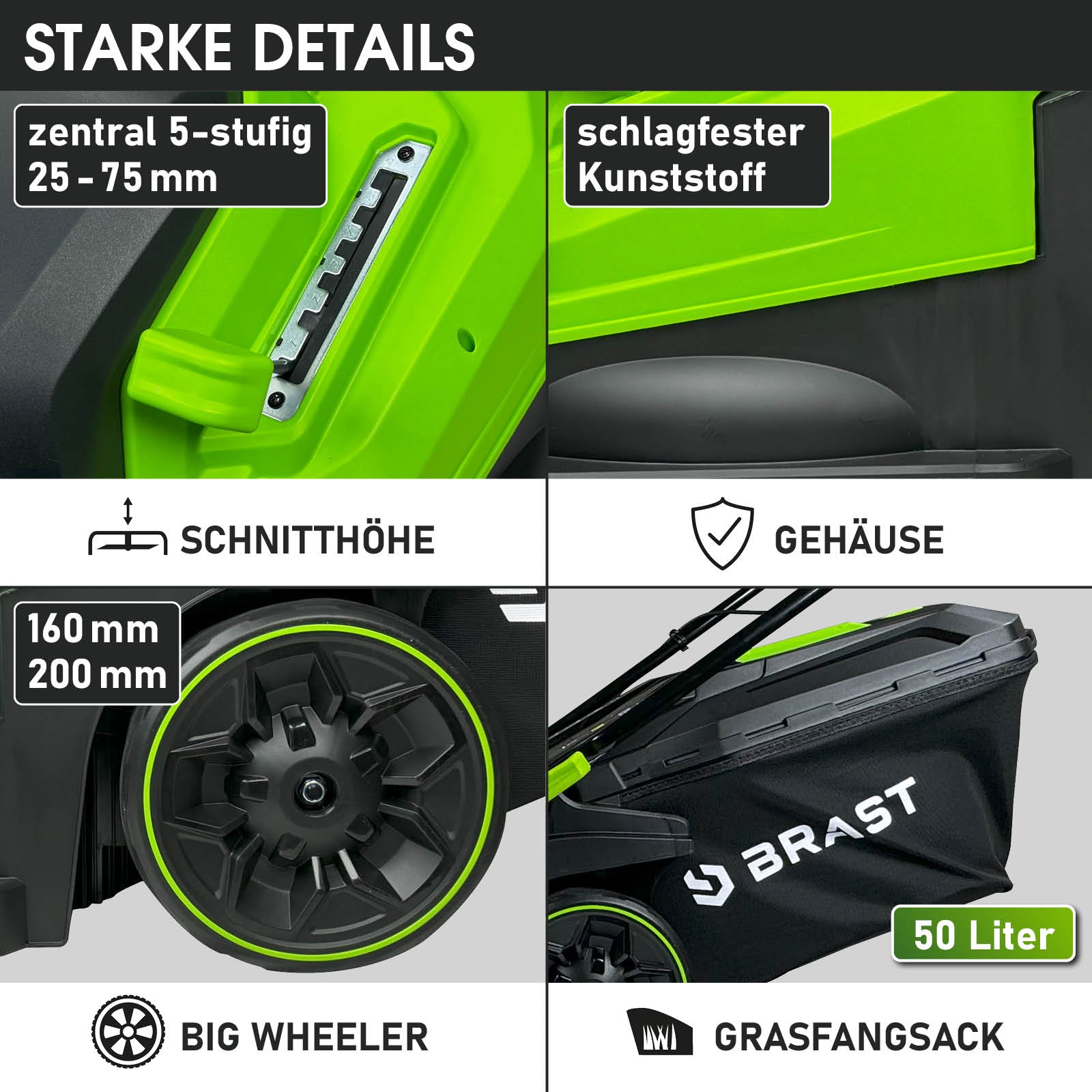 Grüner BRAST Akku Mäher mit 50-Liter Grasfangsack und robustem Gehäuse aus schlagfestem Kunststoff.