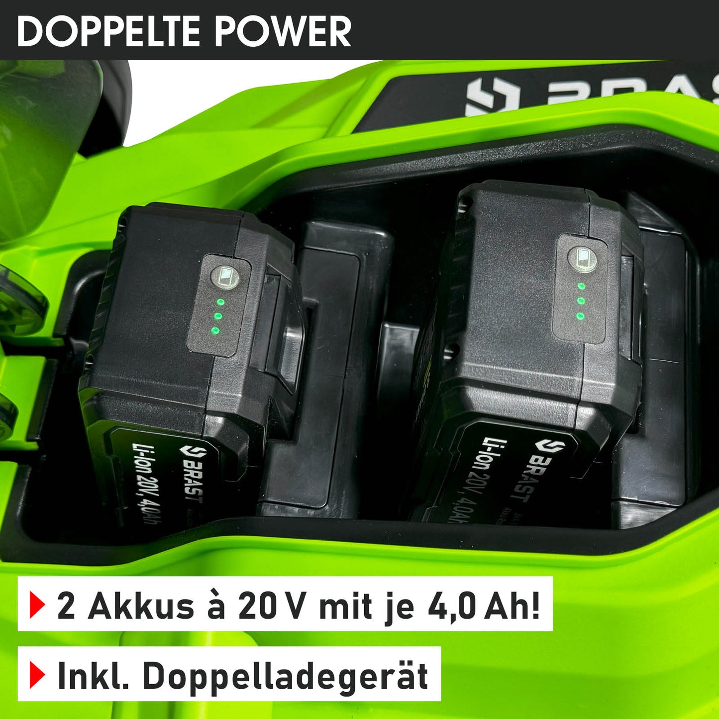 Grüner BRAST Akku Mäher mit zwei 20V 4,0 Ah Akkus und Doppelladegerät im Fach.
