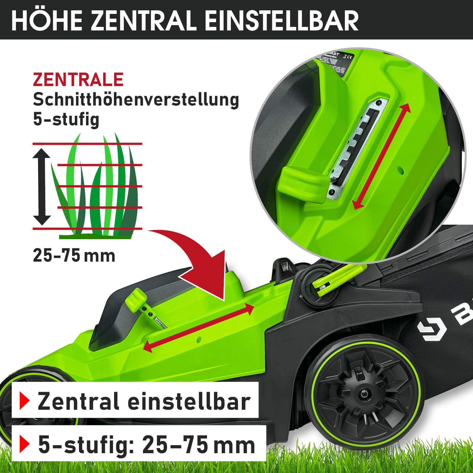 Grüner Akku Mäher mit zentraler 5-stufiger Schnitthöhenverstellung von 25 bis 75 mm.