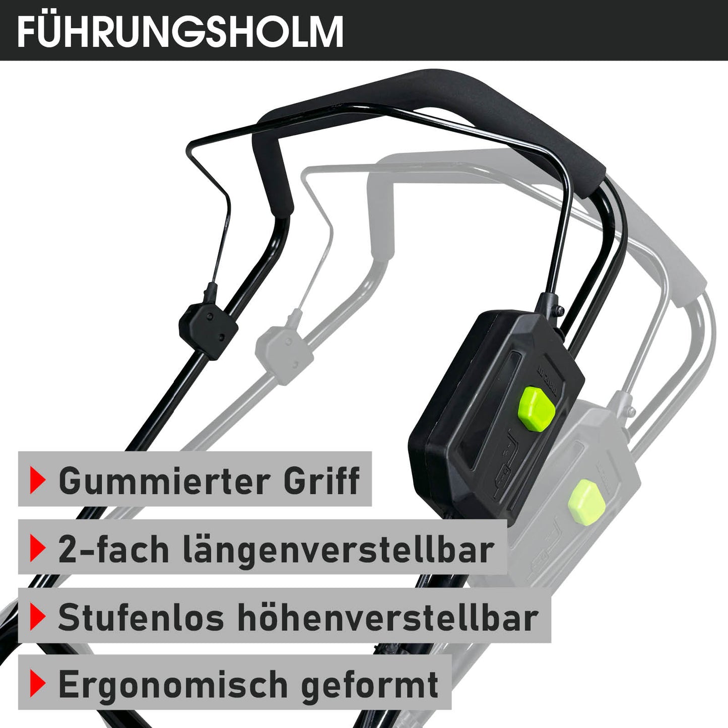 Schwarzer Akku Mäher Führungsholm mit ergonomischem, gummiertem Griff und zweifach längenverstellbarem Design.