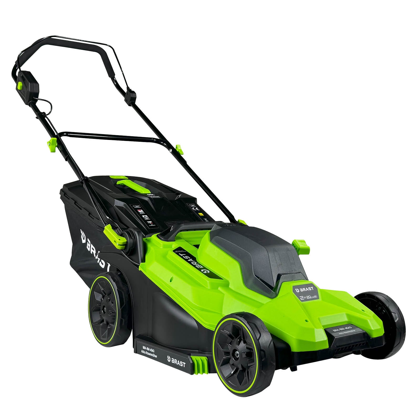 Grüner Akku Mäher mit schwarzem Fangsack, klappbarem Griff und großen Rädern, modernes Design.