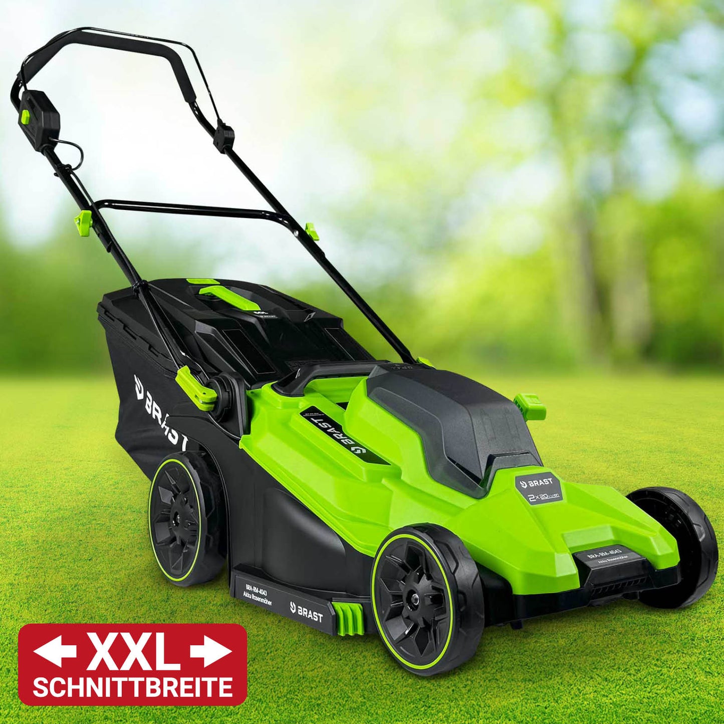 Grüner Akku Mäher BRAST CITY 43 mit XXL Schnittbreite und integriertem Fangsack.