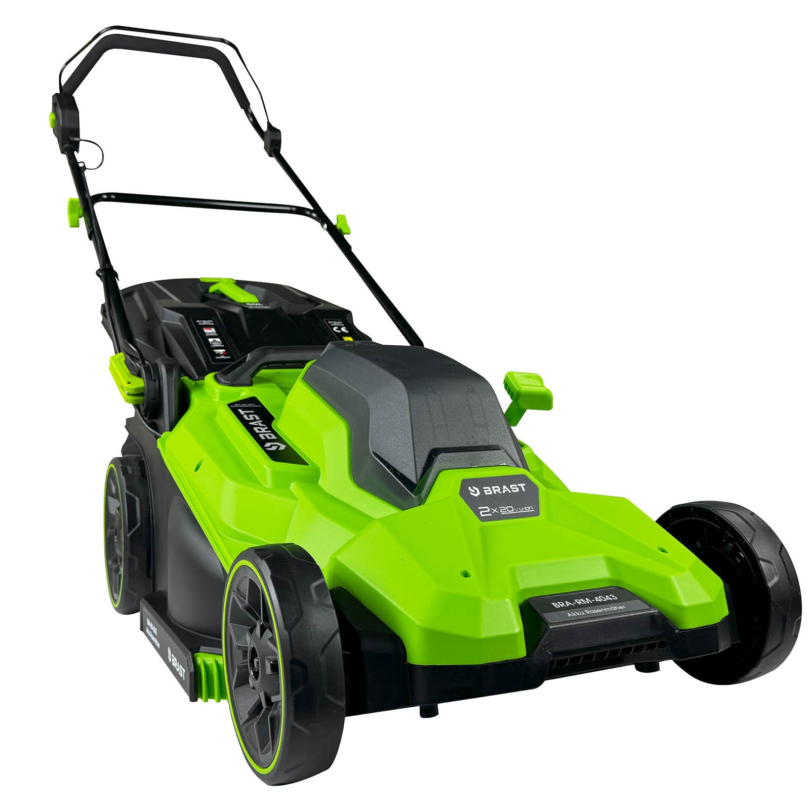 Grüner BRAST Akku Mäher 40V CITY 43 mit großen Rädern und klappbarem Holm.