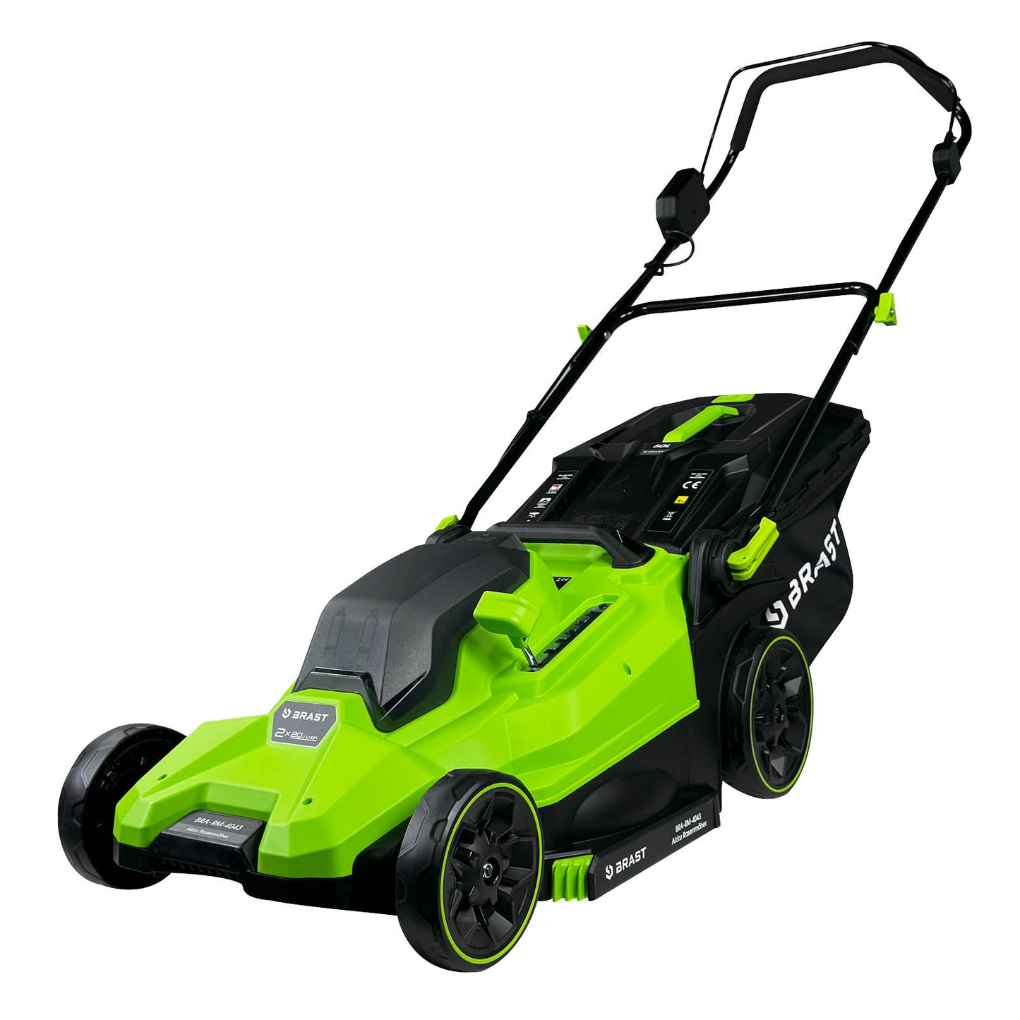 Grüner Akku Mäher BRAST CITY 43 mit schwarzem Grasfangkorb und klappbarem Griff.