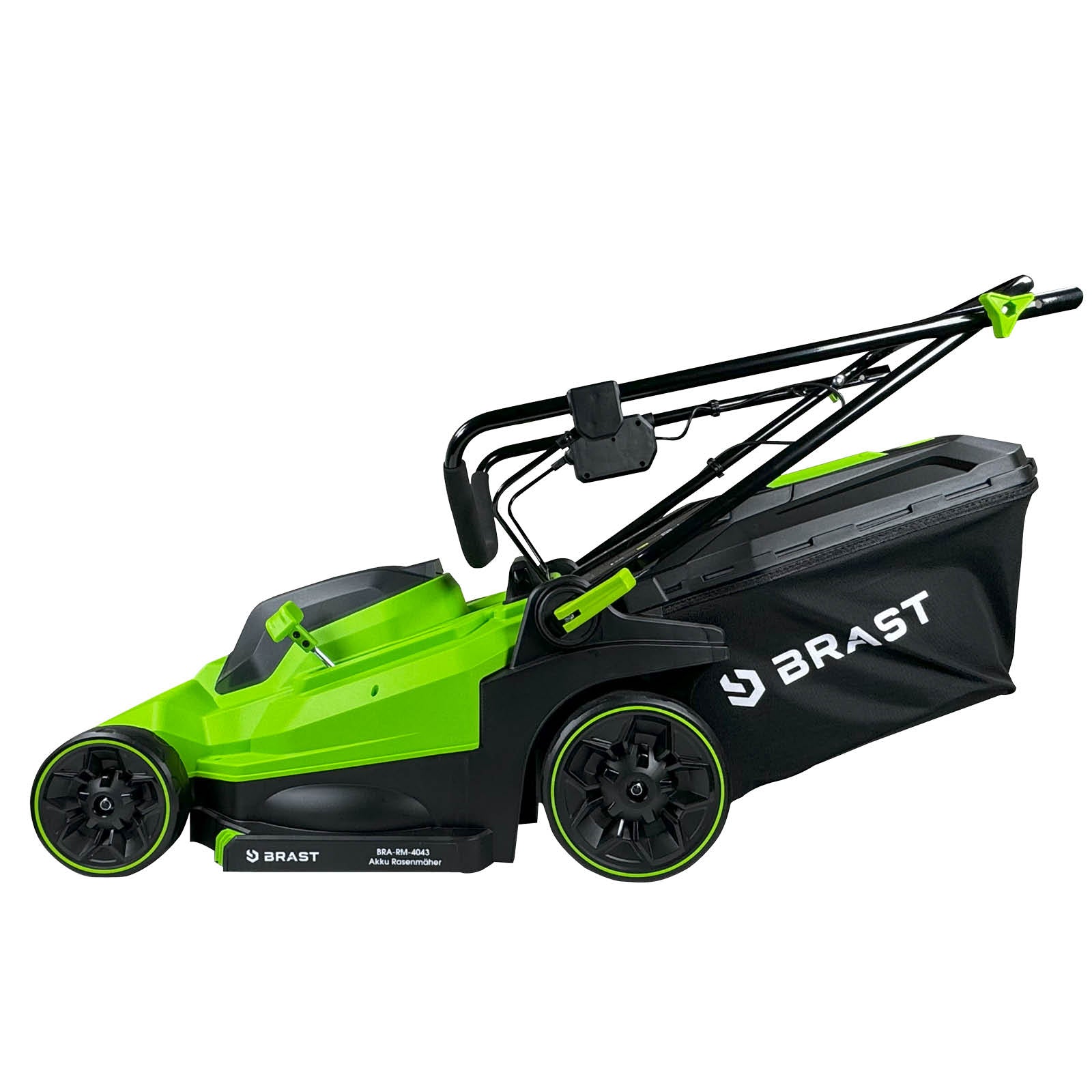 Grüner BRAST Akku Mäher CITY 43 mit schwarzem Fangkorb und klappbarem Griff.