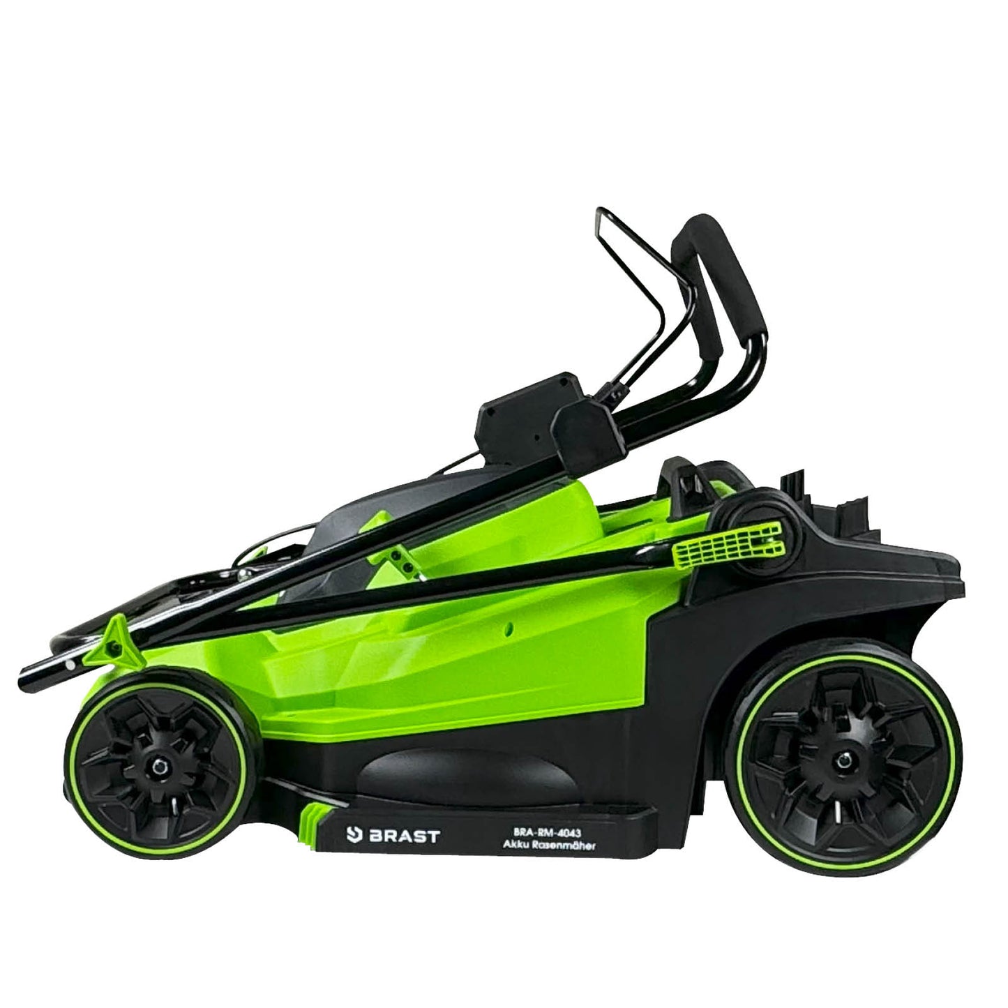 Grüner BRAST Akku Mäher 40V CITY 43 mit klappbarem Griff und schwarzen Rädern.