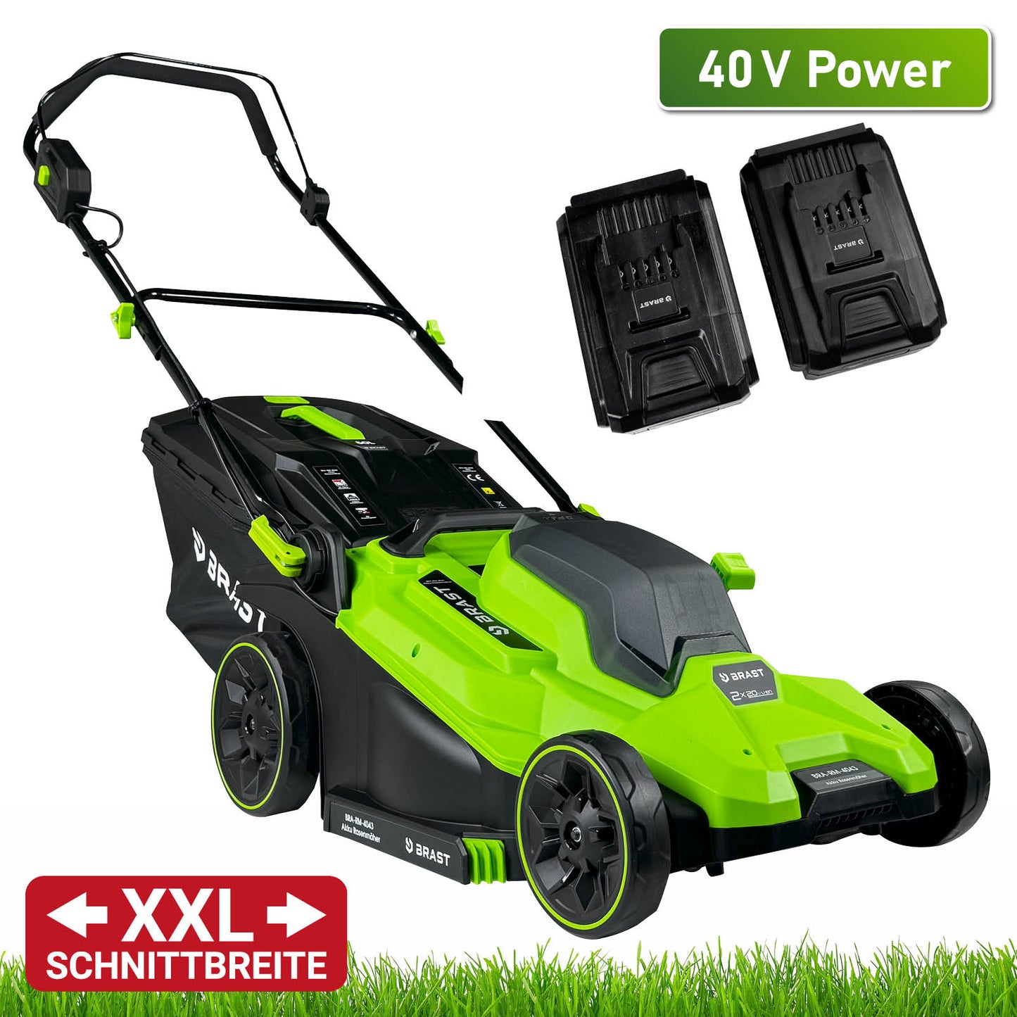 Grüner Akku Mäher mit XXL-Schnittbreite und Mulchfunktion, inklusive zwei Akkuladegeräten.
