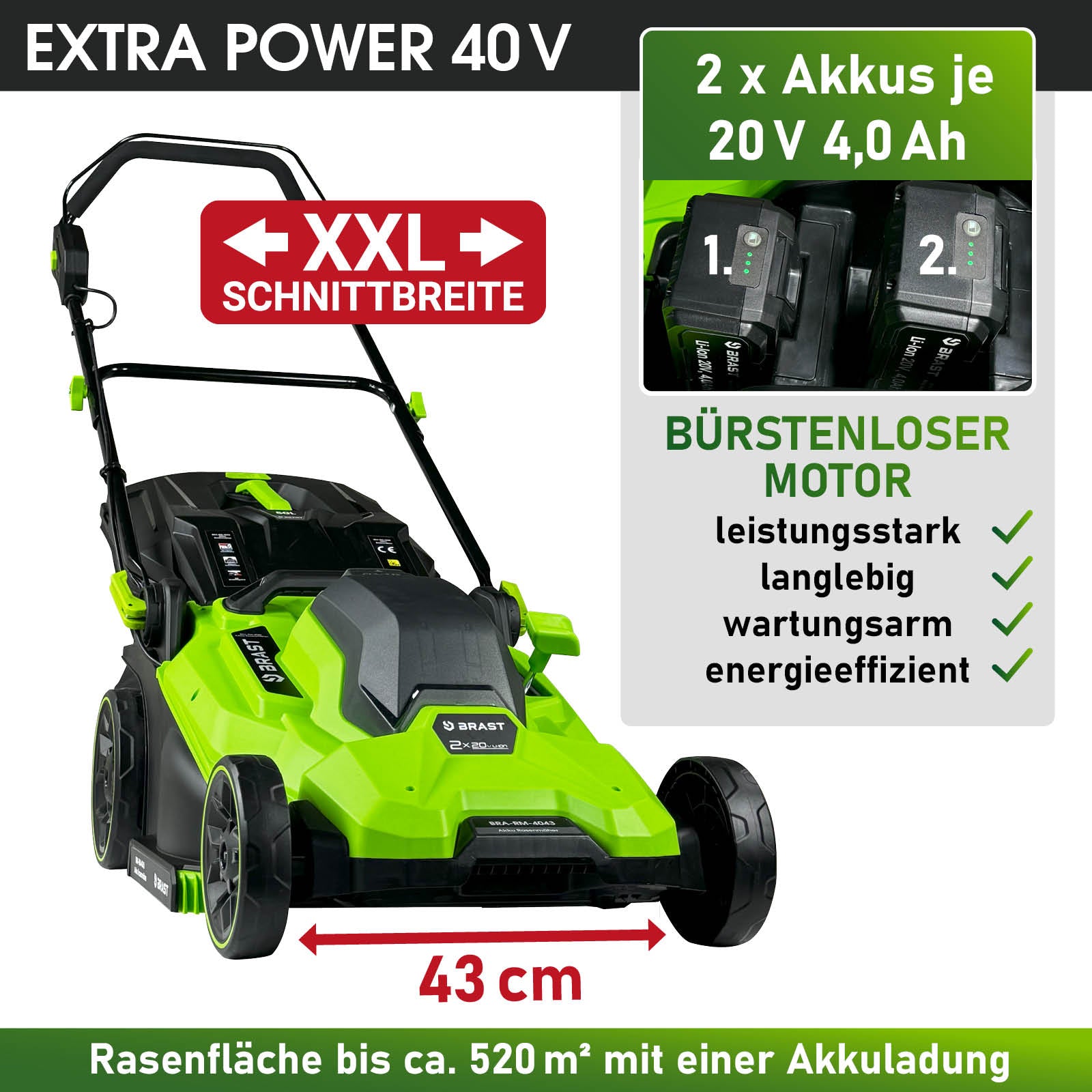Grüner Akku Mäher mit XXL Schnittbreite 43 cm und bürstenlosem Motor, Akku 40V, 2 x 20V 4.0 Ah.