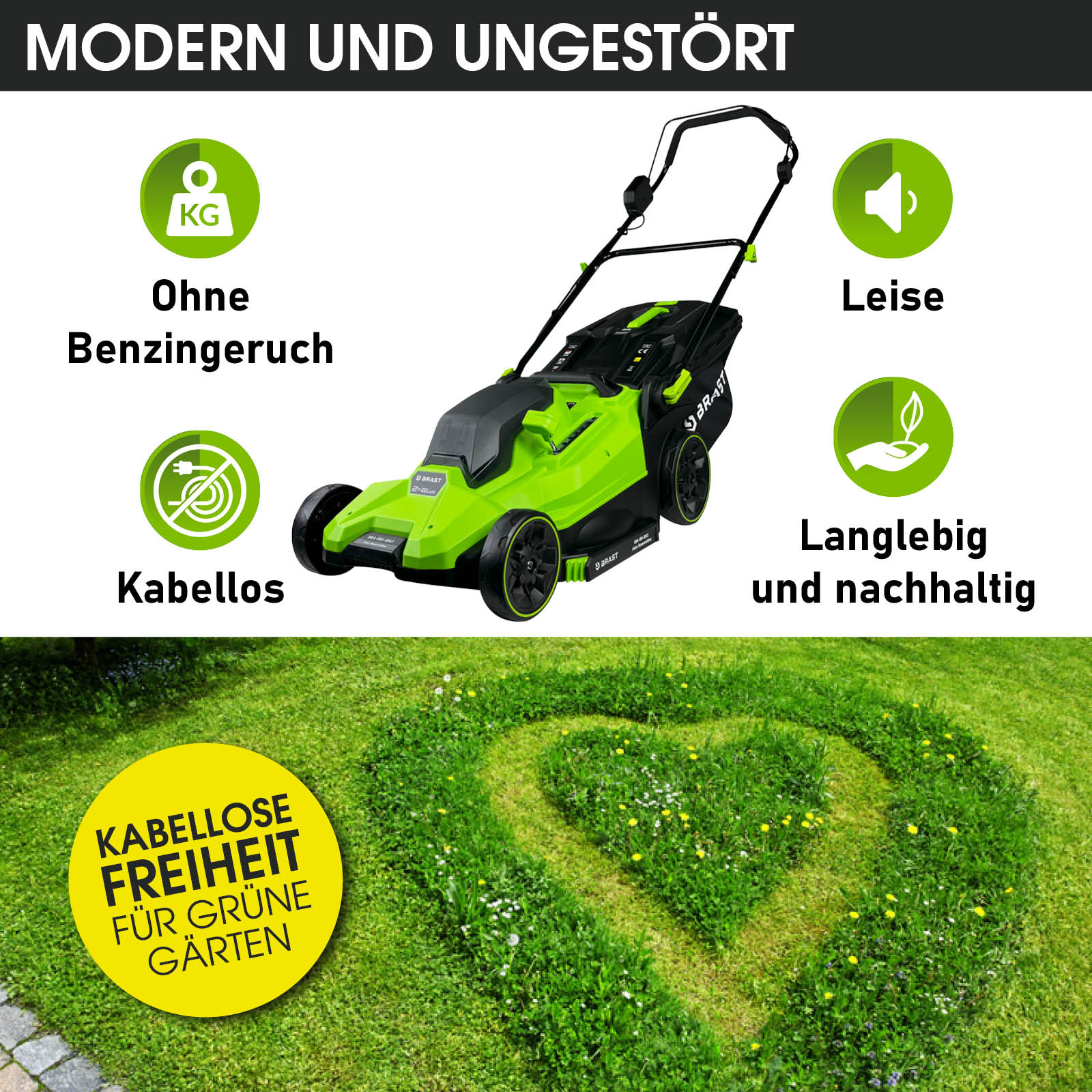 Grüner Akku Mäher mit Kabellosem Design und Mulchfunktion, leiser Betrieb, ergonomischer Griff.