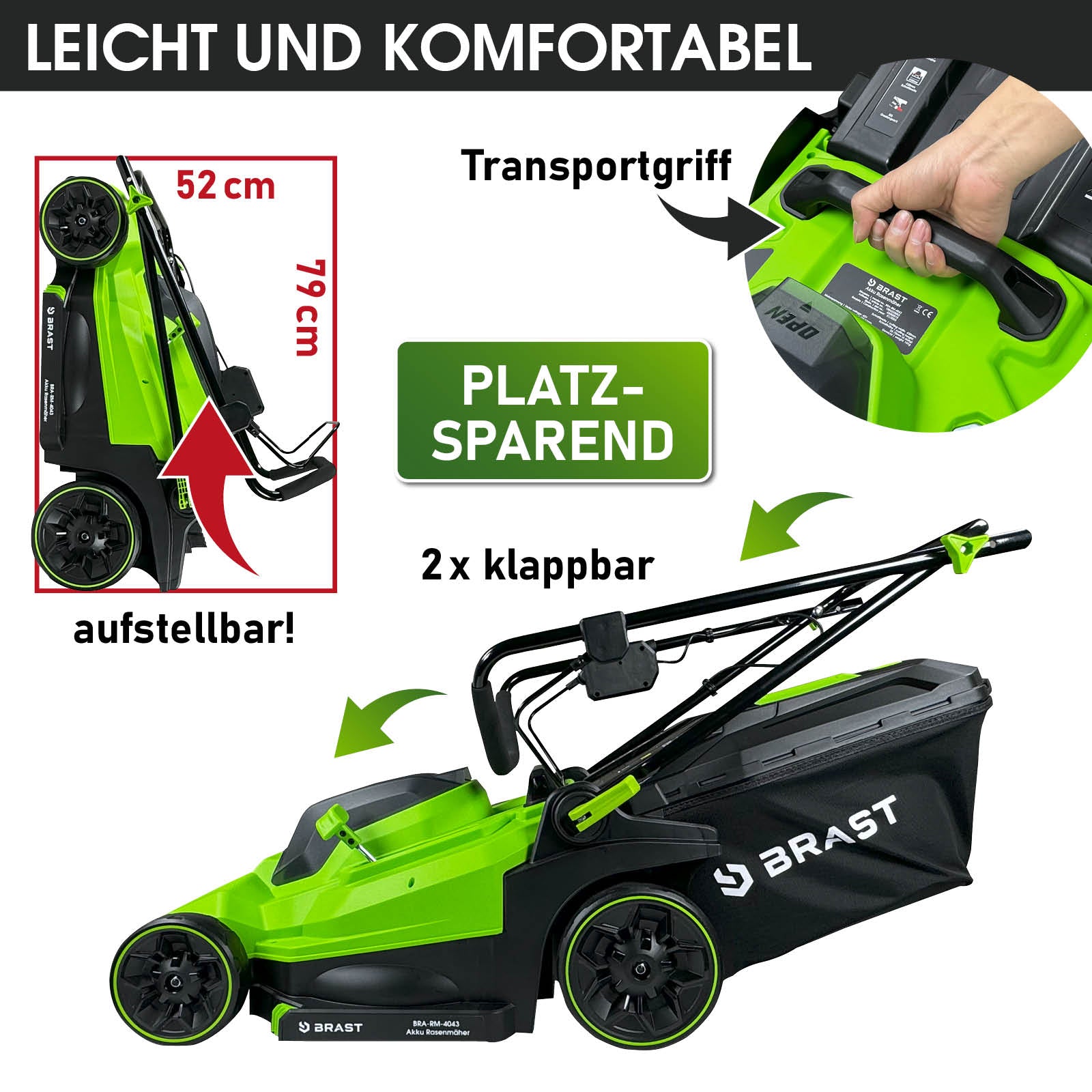 Grüner BRAST Akku Mäher mit klappbarem Griff, 52 cm Schnittbreite, Mulchfunktion, faltbar und transportabel.
