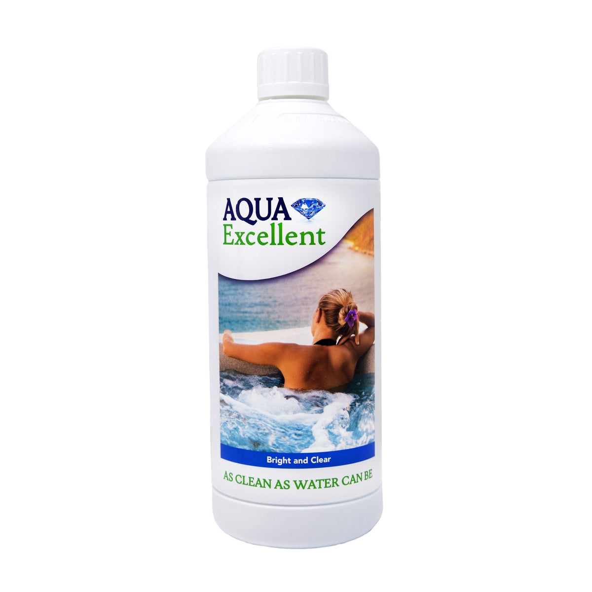 Weiße 1-Liter Kunststoffflasche Aqua Excellent Bright & Clear mit blau-grünem Etikett und Whirlpoolmotiv.