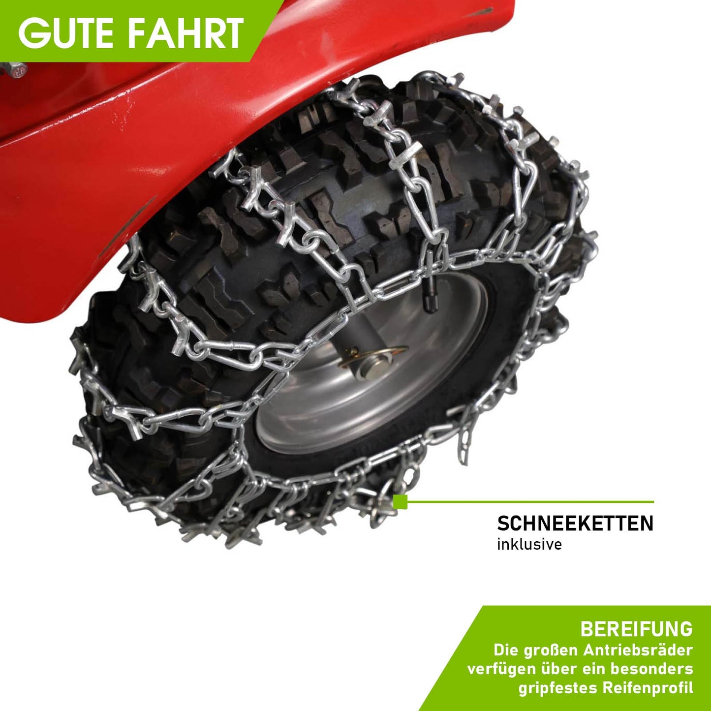 Nahaufnahme eines Reifen mit Schneeketten für Benzin Kehrmaschine und Schneekehrmaschine mit robuster Kehrwalze.