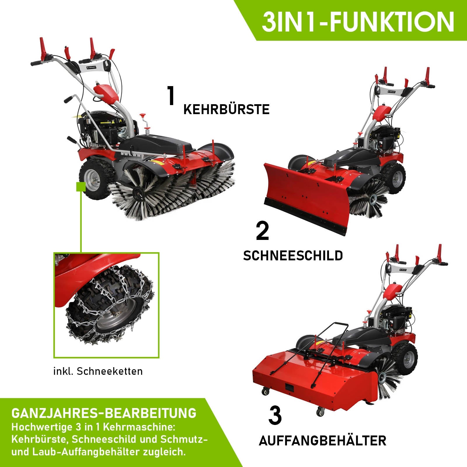Rote Benzin Kehrmaschine mit Kehrwalze, Schneeschild und Auffangbehälter, Motorbesen 3in1.