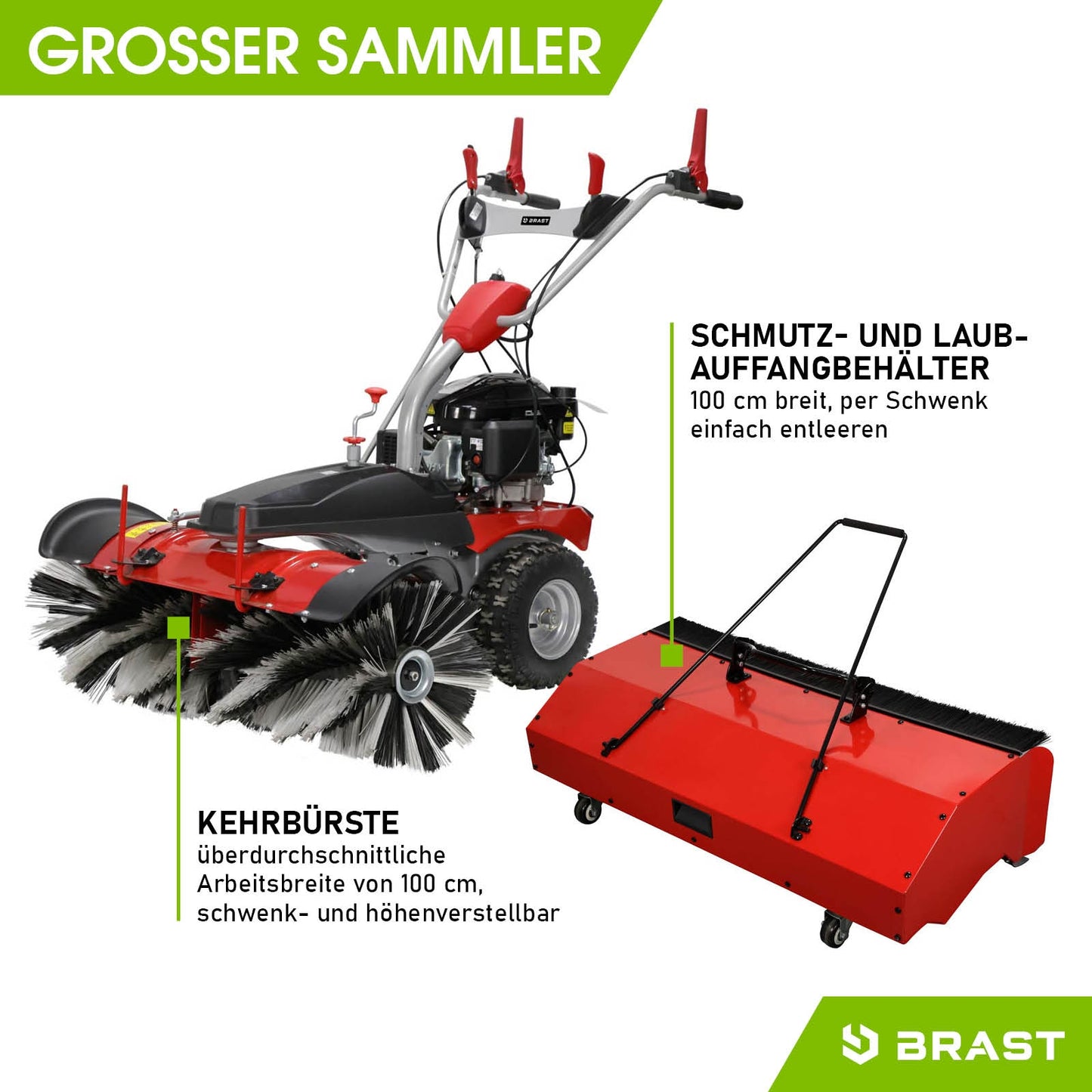 Rote Benzin Kehrmaschine mit großer Kehrwalze und abnehmbarem Schmutzauffangbehälter in Rot.