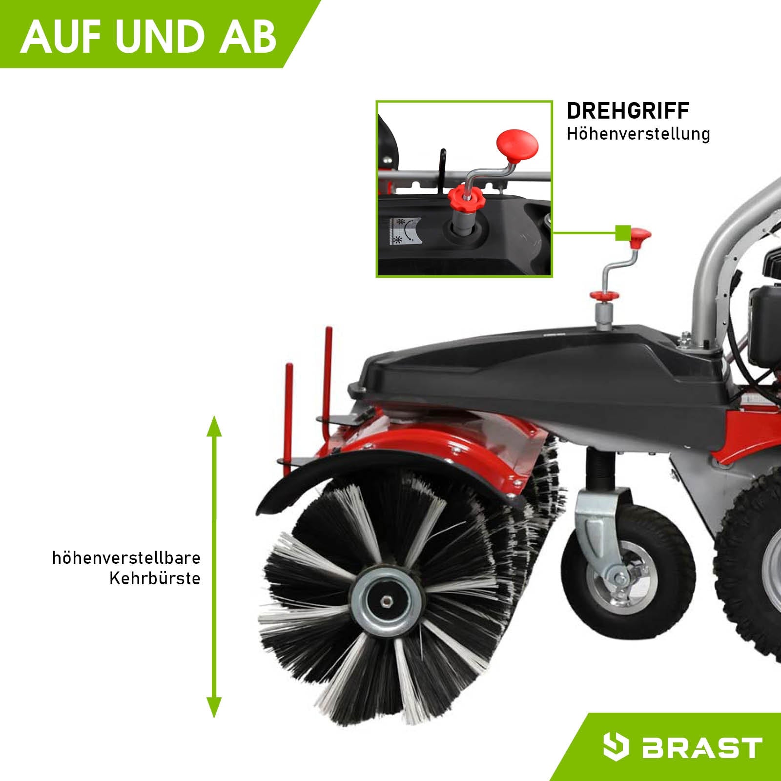 Rote Benzin Kehrmaschine mit höhenverstellbarer schwarzer Kehrwalze und Drehgriffen zur Höhenverstellung, Motorbesen-Detail, .