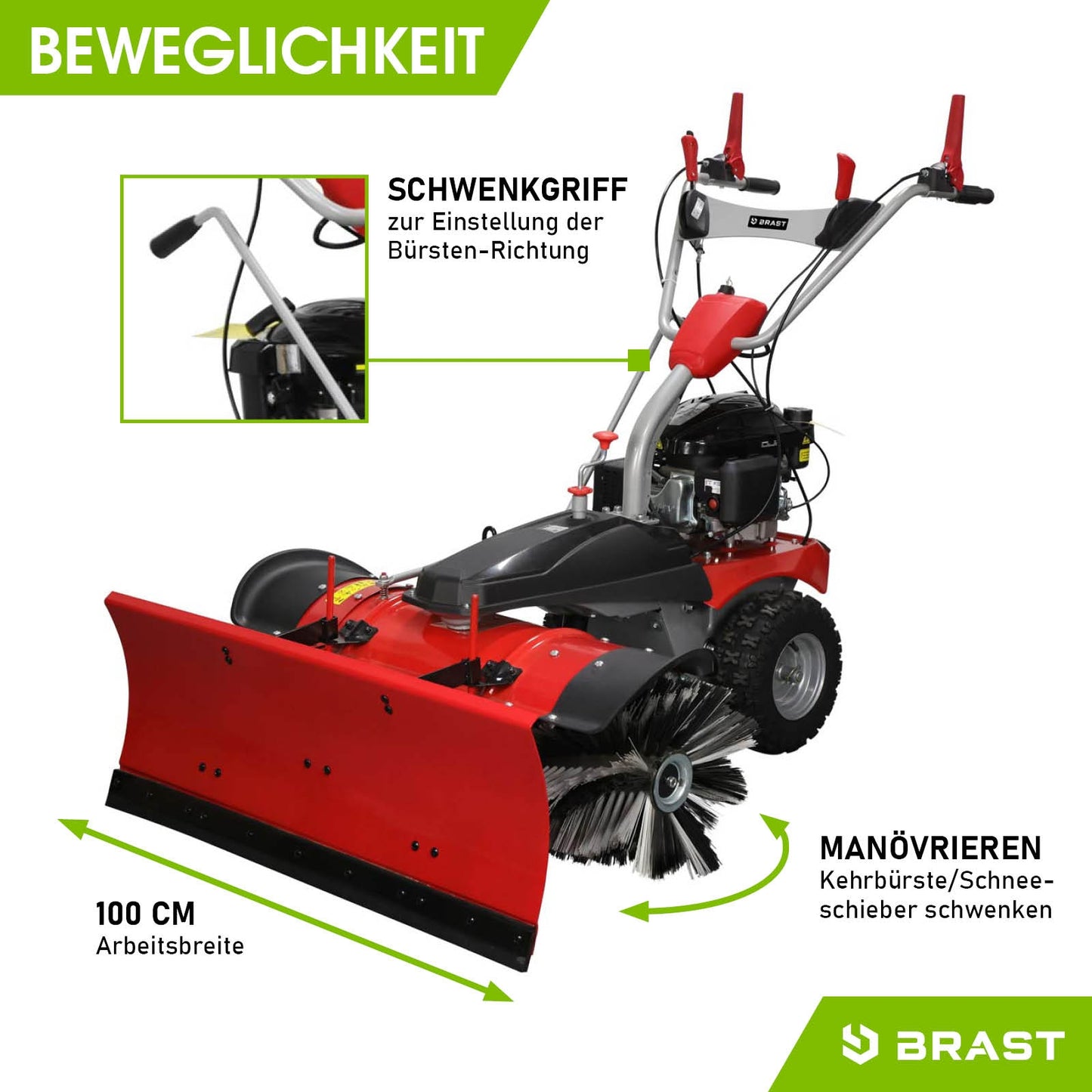 Rote Benzin Kehrmaschine mit 100 cm Arbeitsbreite, Kehrwalze und Schneeschieber, Motorbesen, Schneekehrmaschine.