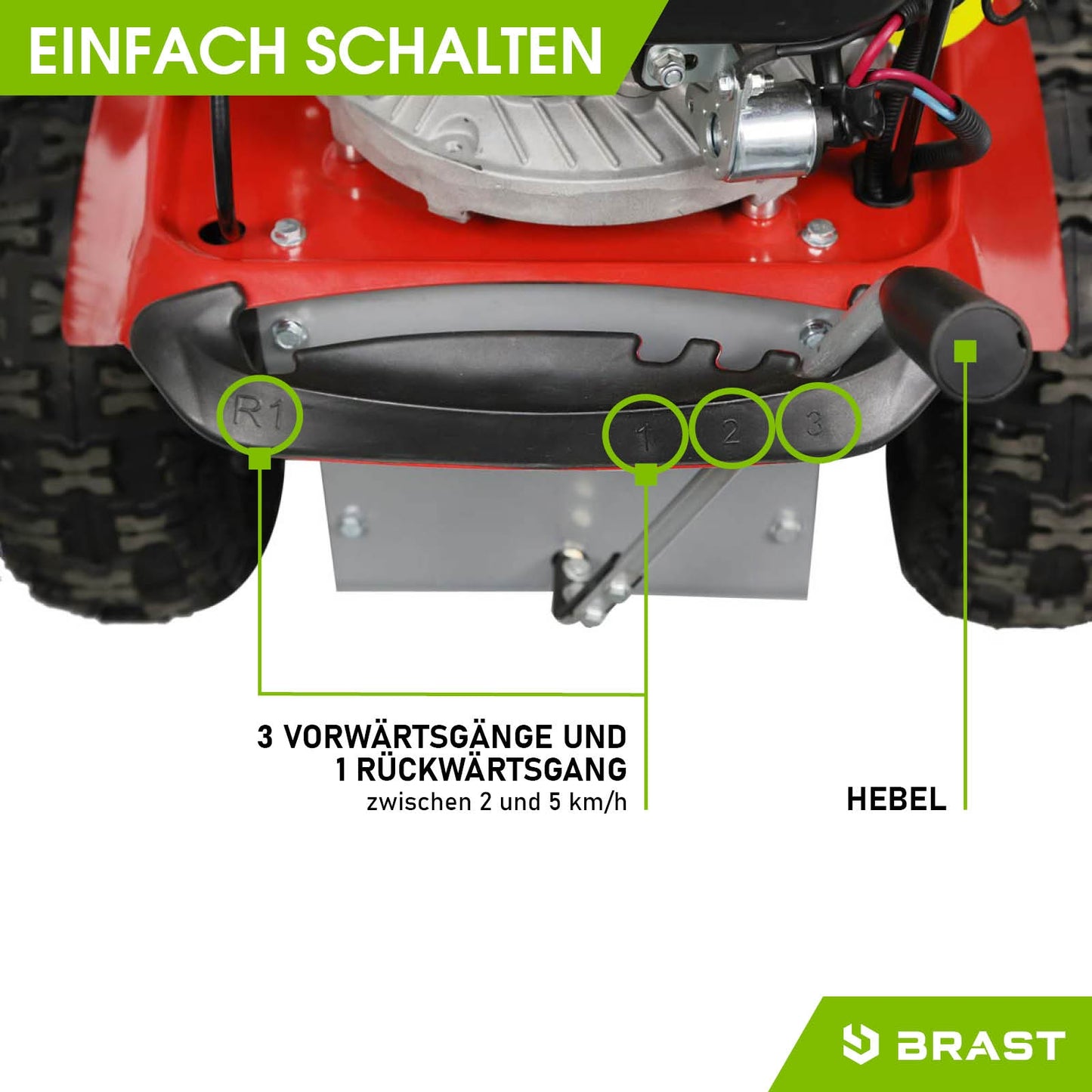 Roter Benzin Kehrmaschine Griff mit Hebeln und Beschriftung für 3 Vorwärtsgänge und 1 Rückwärtsgang, Motorbesen Steuerung.