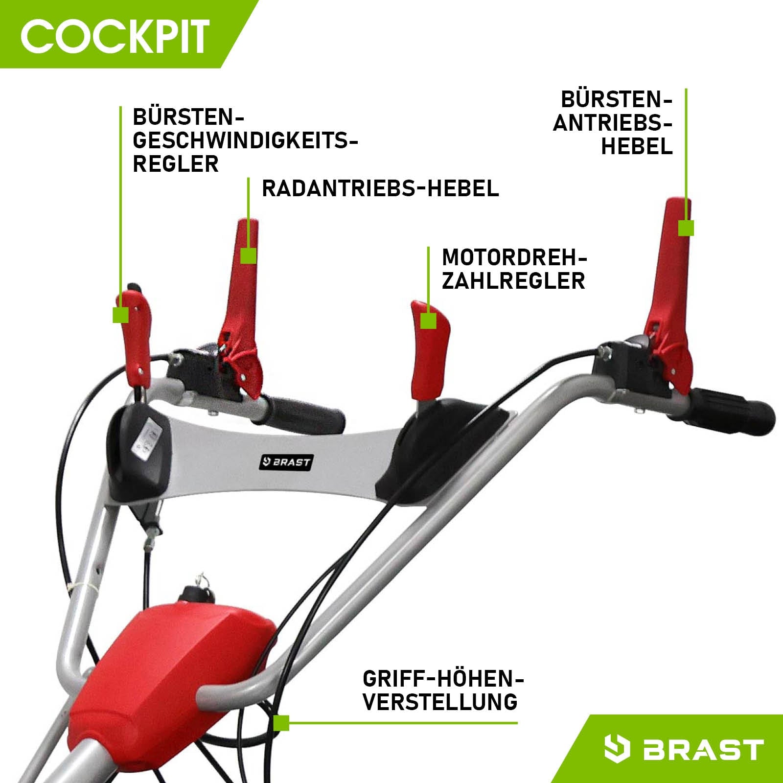 Benzin Kehrmaschine mit Kehrwalze und Motorbremse, verstellbare Griffhöhe und Bedienhebel für Bürstenantrieb und.