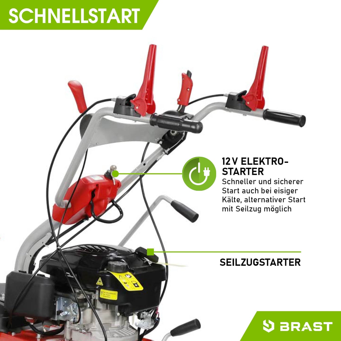 Rote Benzin Kehrmaschine mit Kehrwalze und 12V Elektrostart, Motorbesen mit Seilzugstarter.