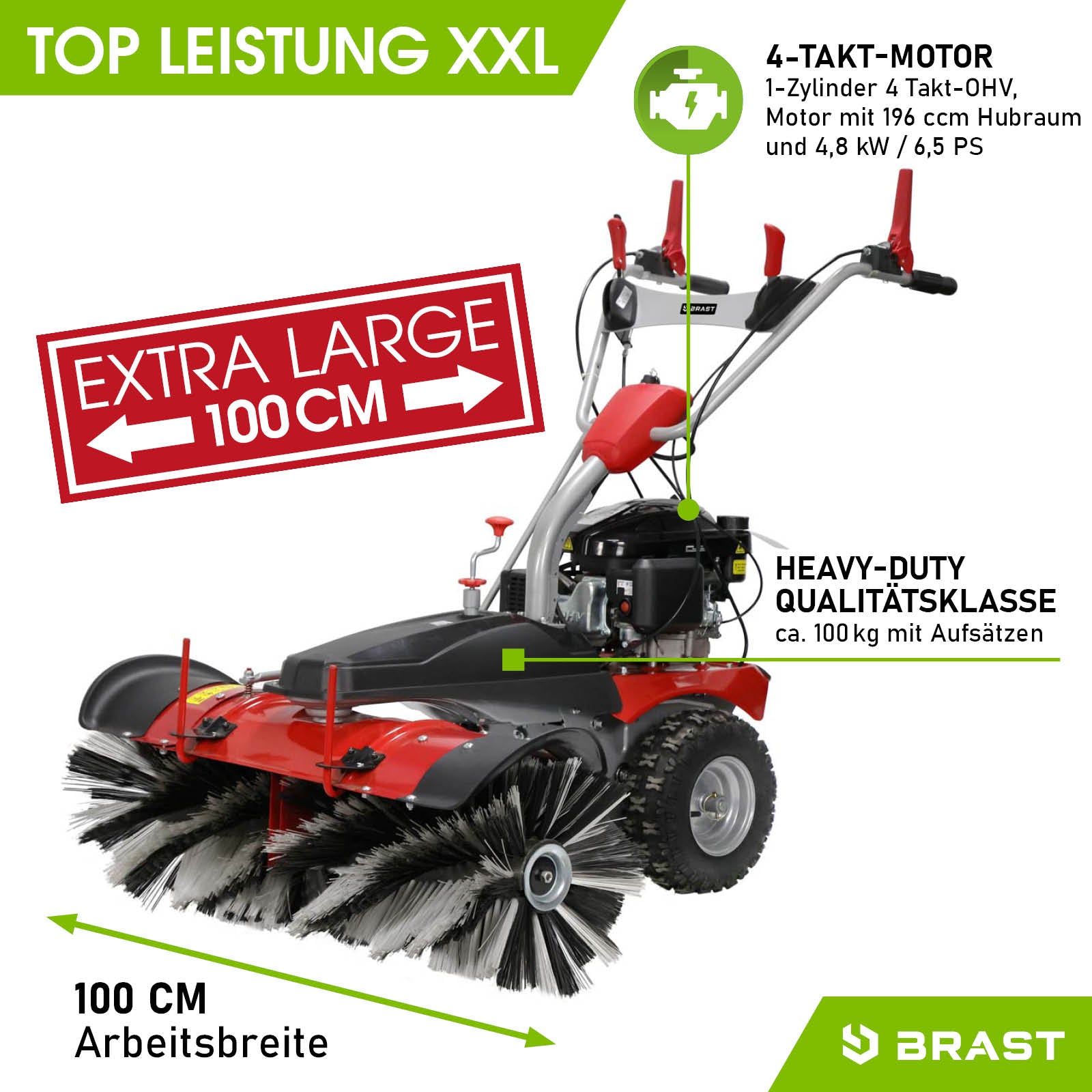 Rote Benzin Kehrmaschine mit 100 cm Kehrwalze und Schneekehrmaschine-Aufsatz, Motorbesen Design.