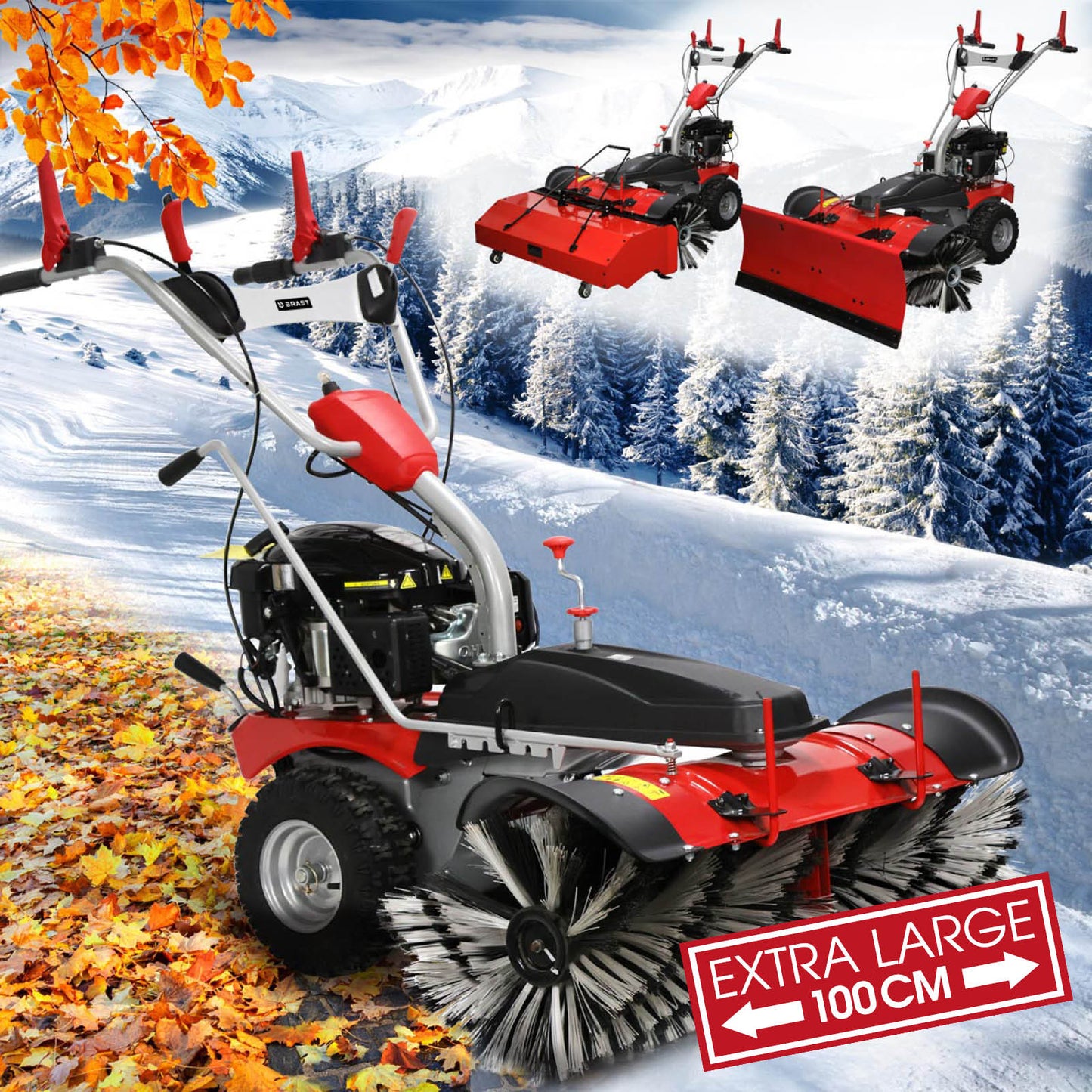 Rote Benzin Kehrmaschine mit Kehrwalze, Schneeschild und Motorbesen, 100 cm Arbeitsbreite.