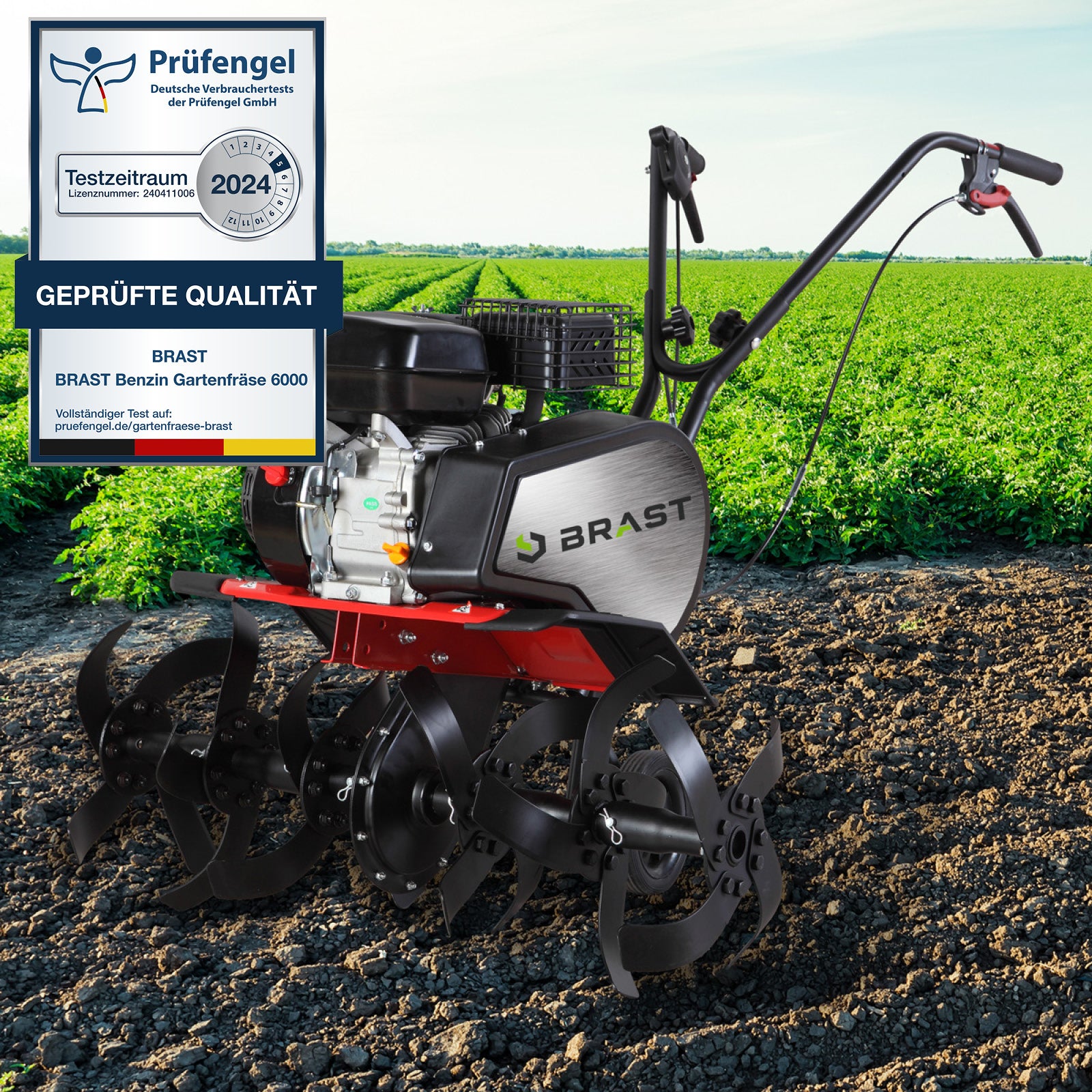 BRAST Benzin Gartenfräse mit robustem Motor, Bodenfräse Gartenfräse mit Pflug und Motorhacke für Gartenbodenbearbeitung.