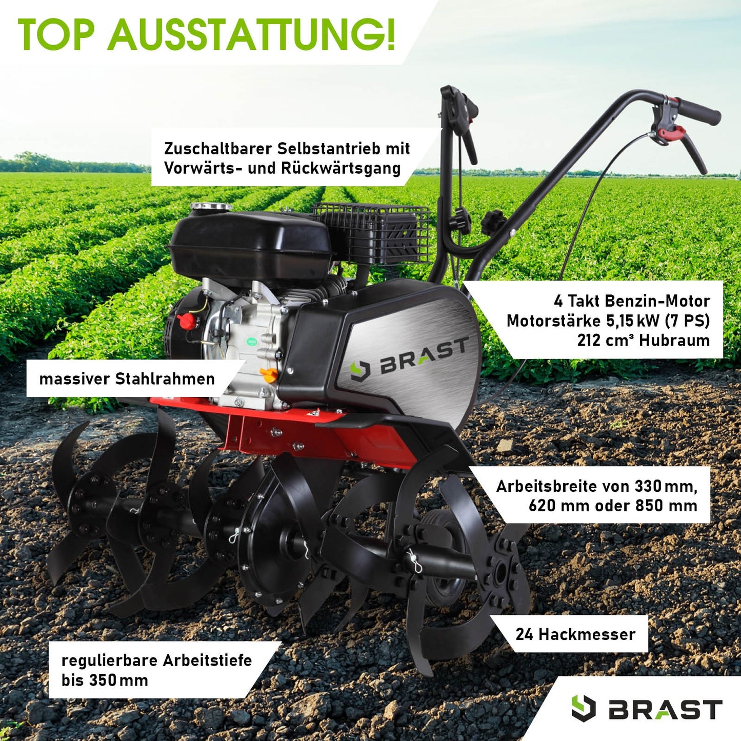 Rote Gartenfräse Motorhacke mit 24 Hackmessern, verstellbarer Arbeitstiefe und Stahlrahmen.