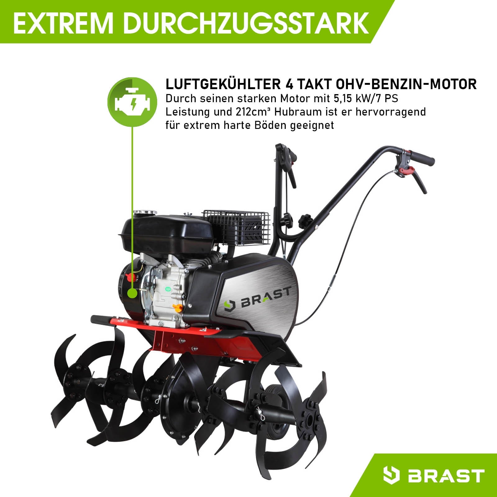 BRAST Benzin Gartenfräse Motorhacke mit luftgekühltem 4-Takt Motor, Bodenfräse mit Pflugfunktion.