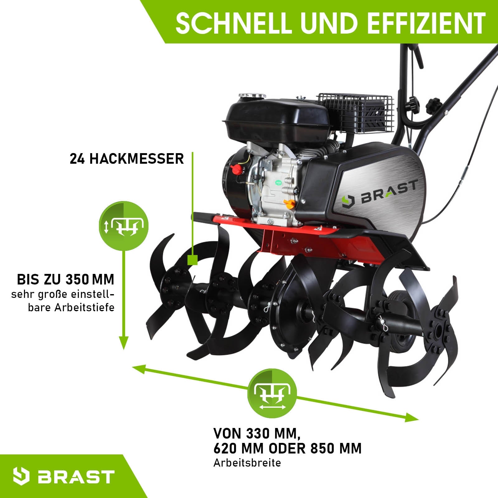 BRAST Benzin Gartenfräse mit 24 Hackmessern, Motorhacke, Bodenfräse Gartenfräse und Pflugfunktion.