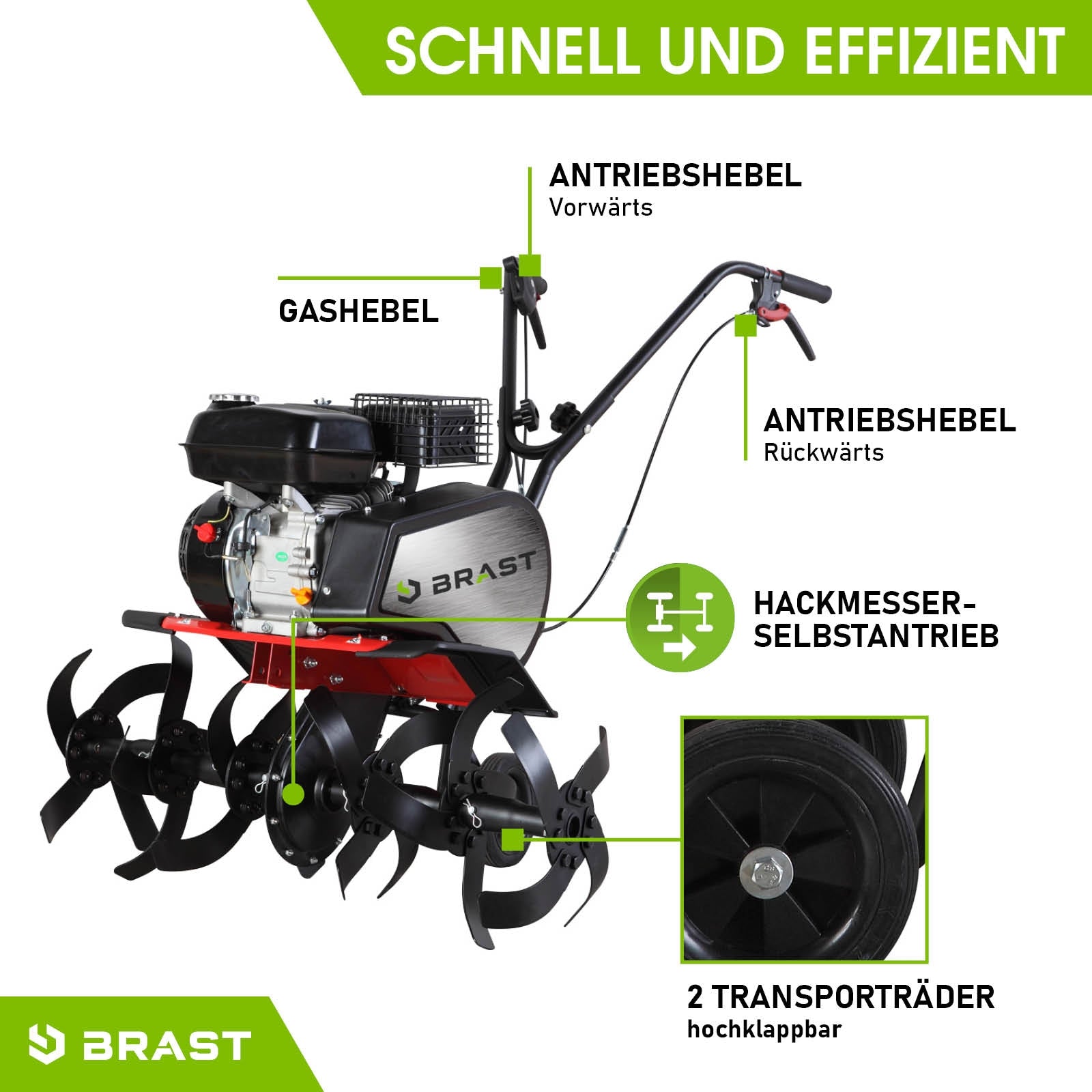 Rote Benzin Gartenfräse mit Motorhacke, Bodenfräse, Antriebshebeln und 2 Transporträdern, Gartenfräse Pflug.