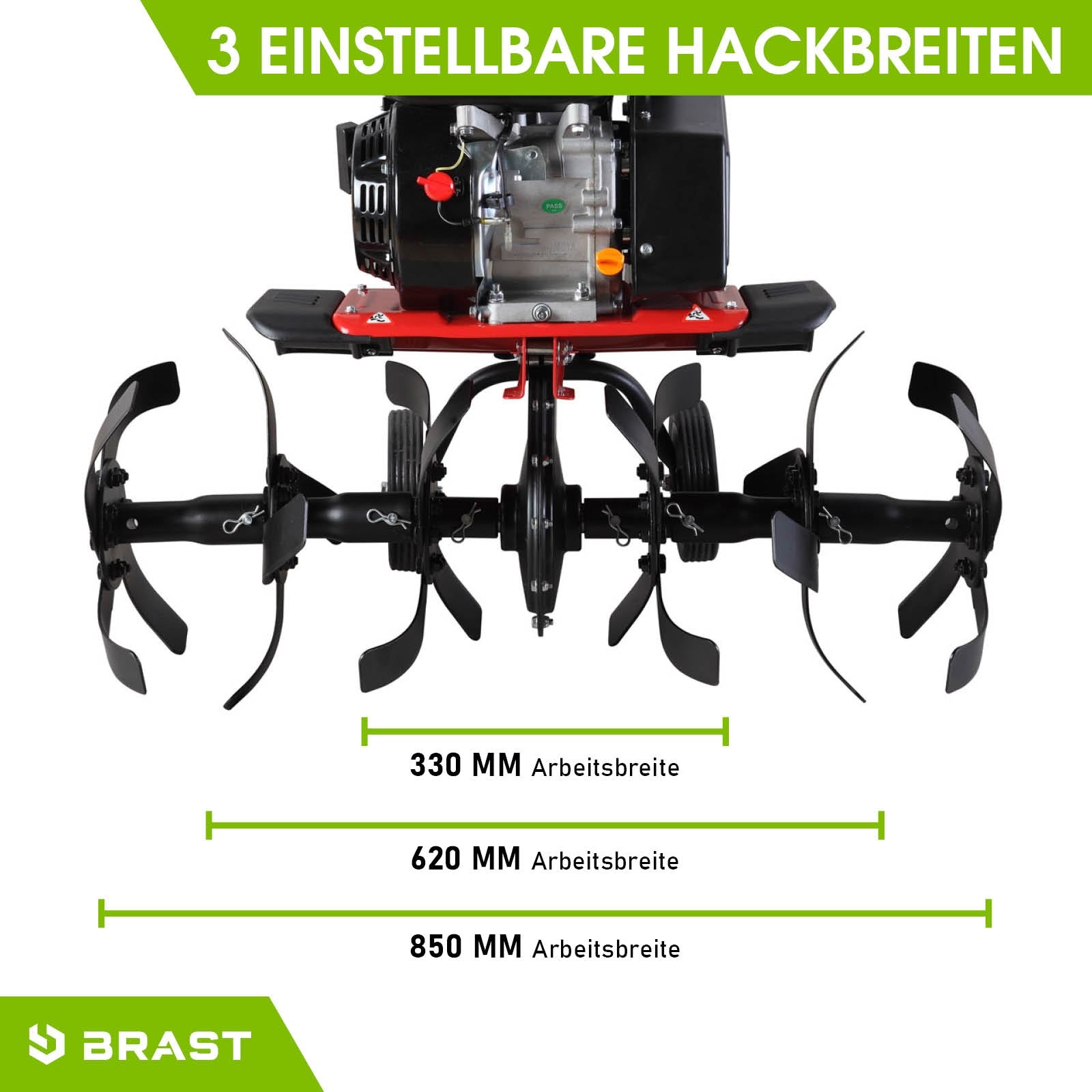 Schwarze Benzin Gartenfräse mit drei verstellbaren Hackbreiten und robustem Motor für Bodenfräse und Motorhacke Einsatz.