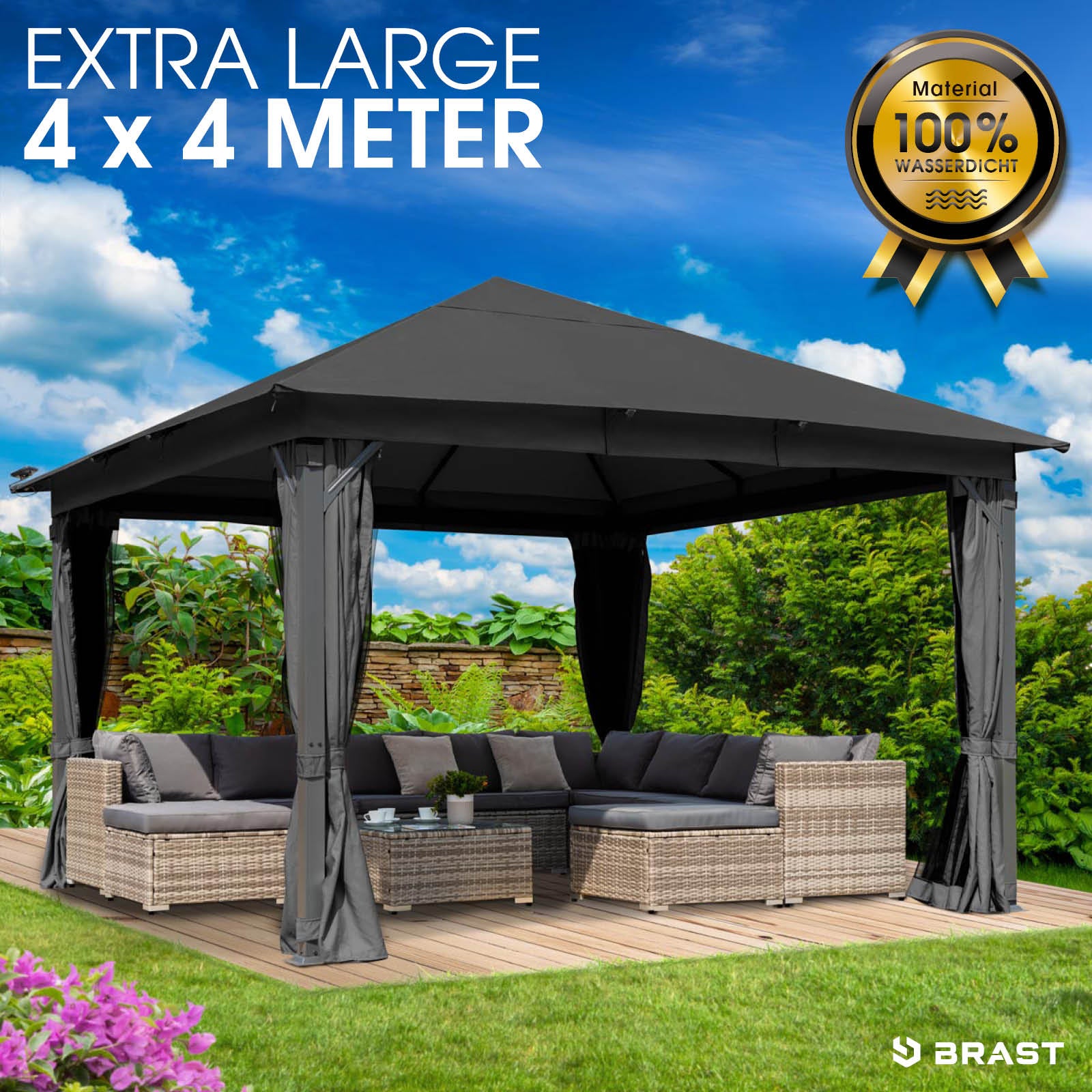 Dunkelgrauer Aluminium-Gartenpavillon 4x4m, wasserdicht, stabil, sturmfest und ganzjährig winterfest.