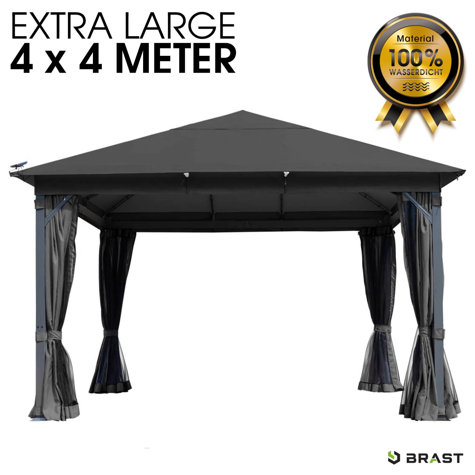Dunkelgrauer Gartenpavillon 4x4m aus Aluminium, wasserdicht, sturm- und winterfest, stabil, ganzjährig nutzbar.