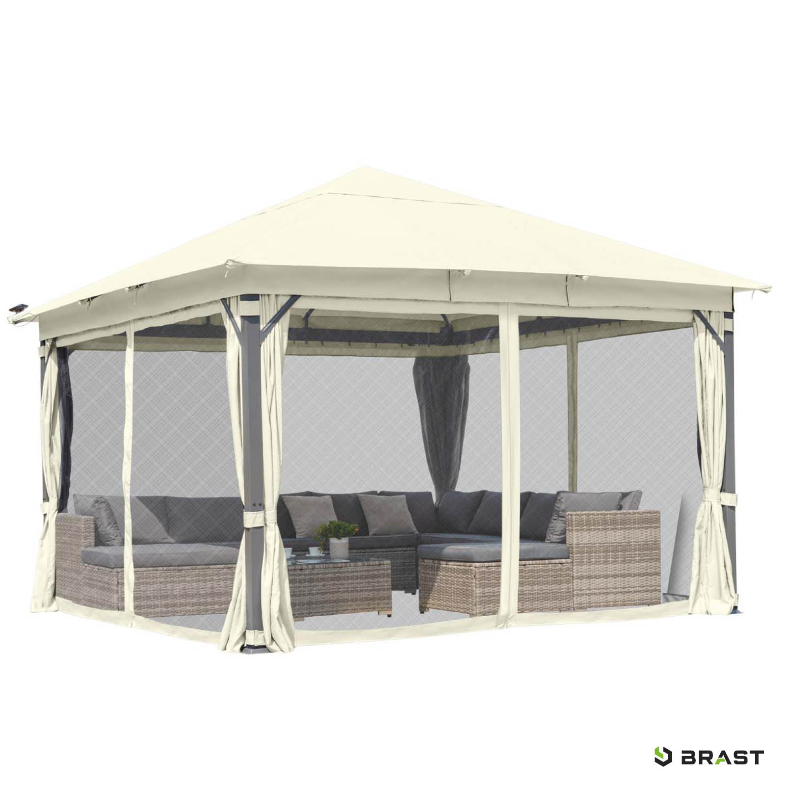 Beiger Aluminium Gartenpavillon 4x4m mit Moskitonetz, sturmfest, winterfest, wasserdicht und stabil.