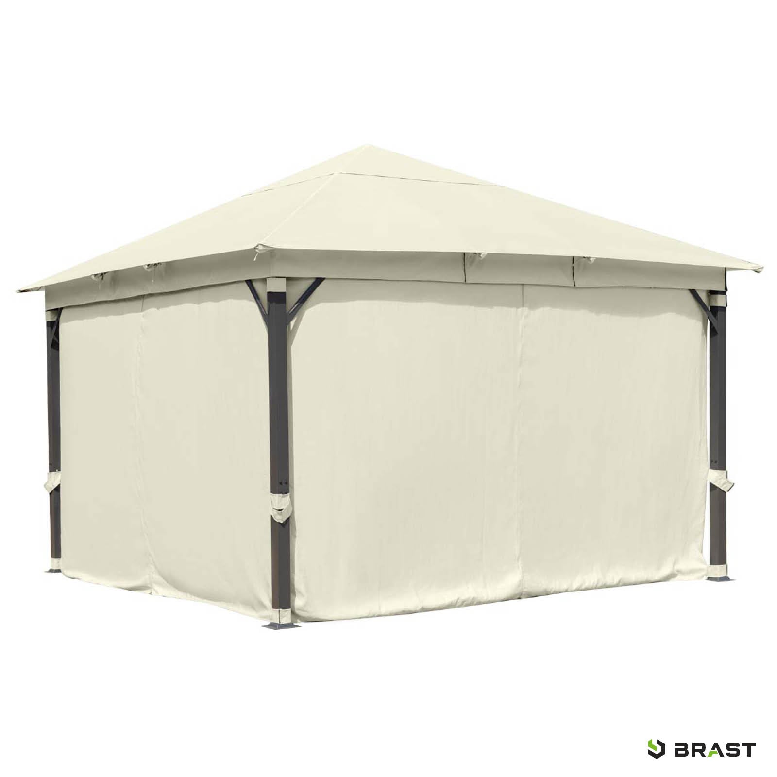 Beiger Alu-Gartenpavillon 4x4m mit stabilem, wasserdichtem Ganzjahresdach, sturm- und winterfest.