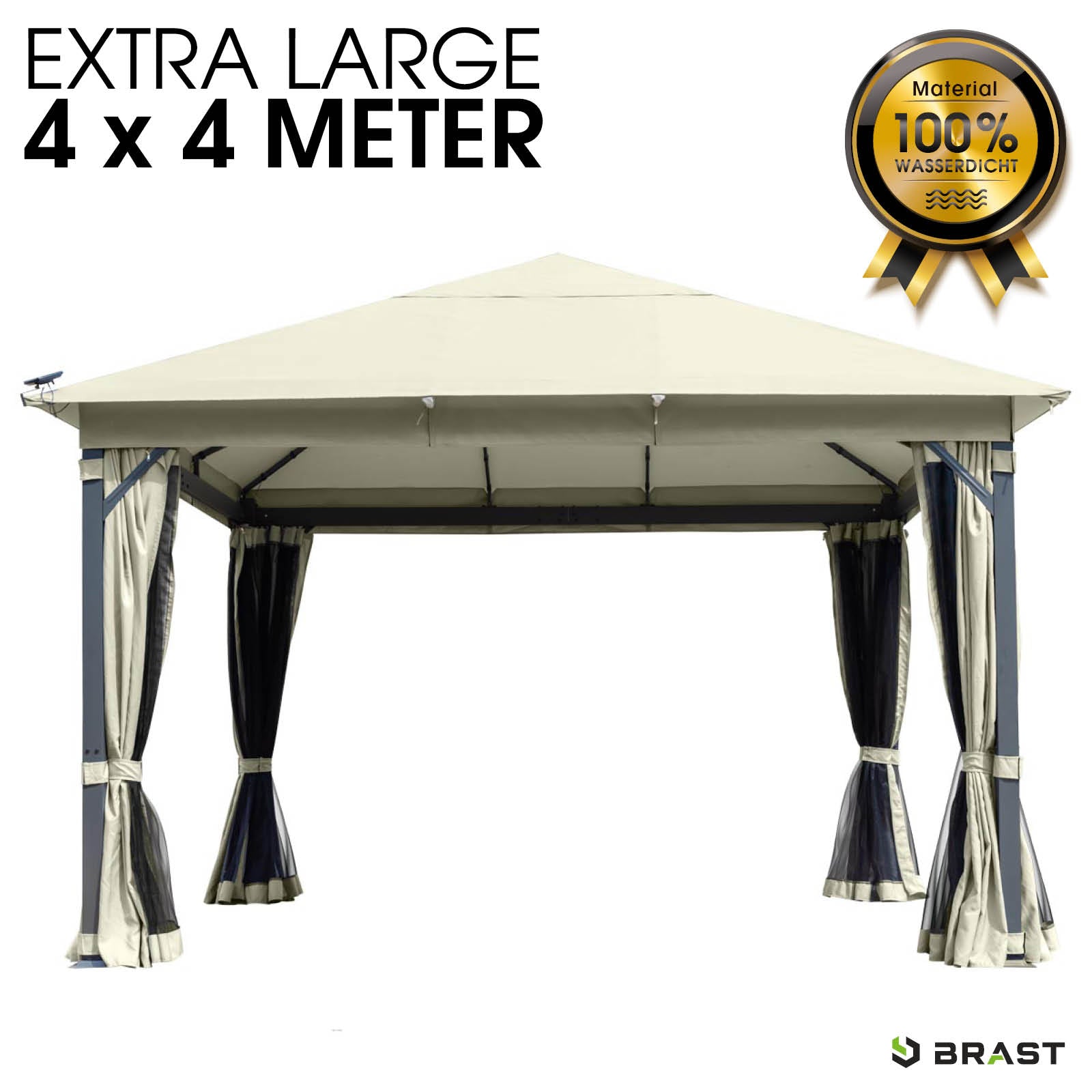 Beiger Alu Gartenpavillon 4x4m, wasserdicht, sturmfest, winterfest, stabil und ganzjährig nutzbar.