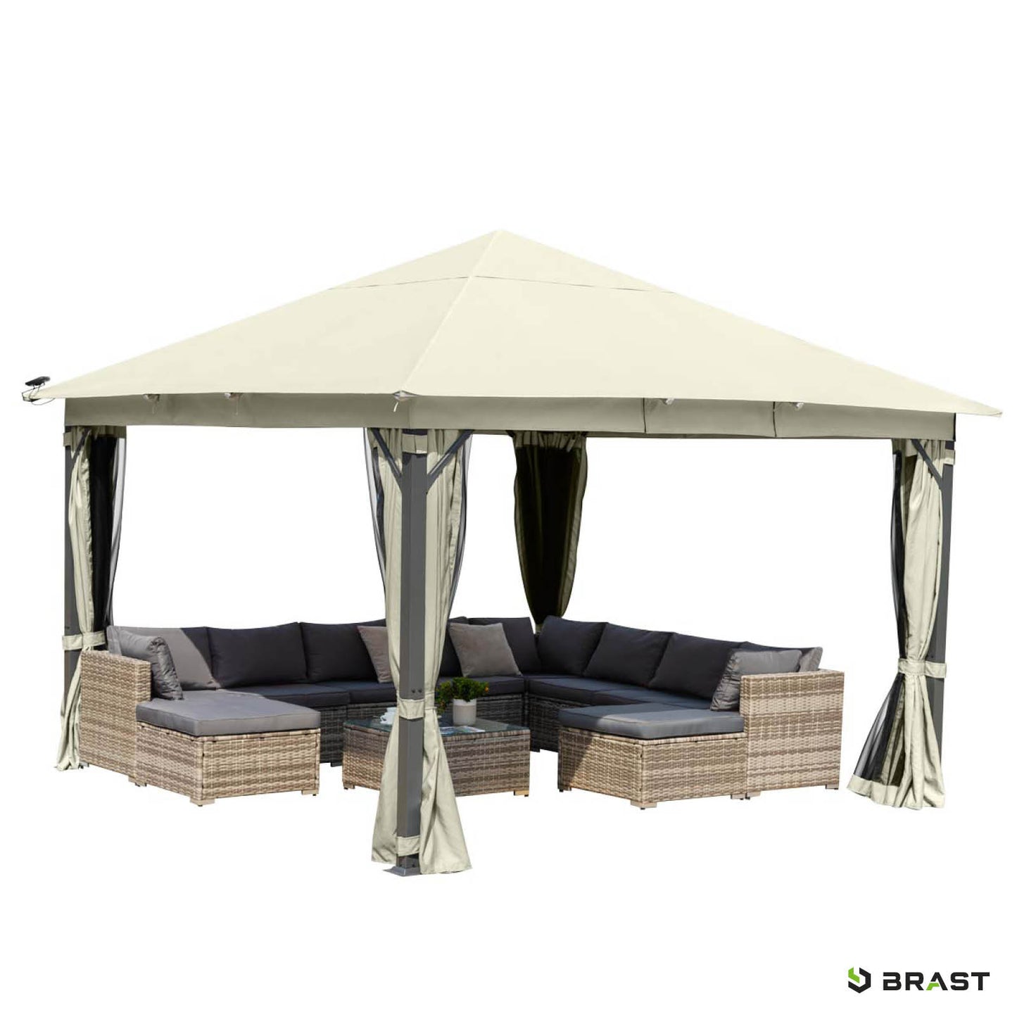Beiger 4x4m Aluminium Gartenpavillon mit wasserdichtem Dach, sturmfest und winterfest, stabilem Rahmen.