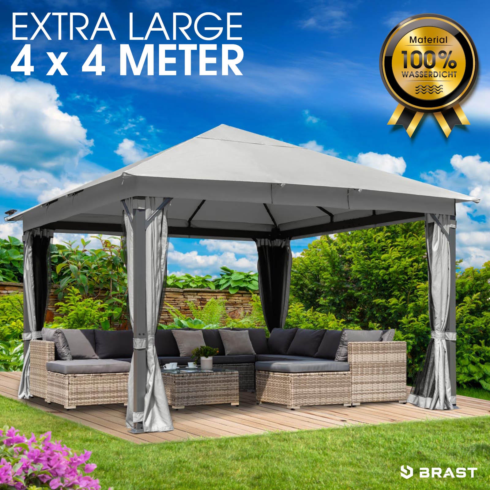 Hellgrauer Gartenpavillon aus Aluminium 4x4m, wasserdicht, sturmfest, stabil und winterfest, ganzjährig nutzbar.