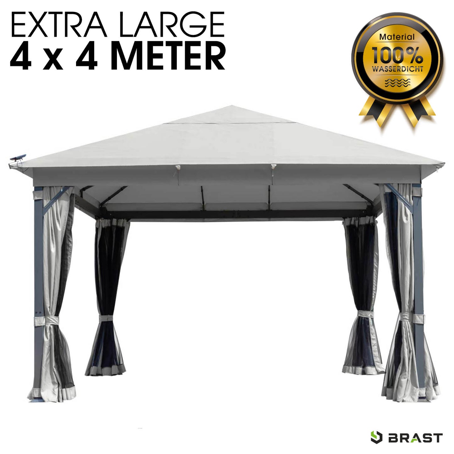 Hellgrauer Gartenpavillon 4x4m aus Aluminium, wasserdicht, stabil, sturmfest und winterfest, ganzjährig nutzbar.