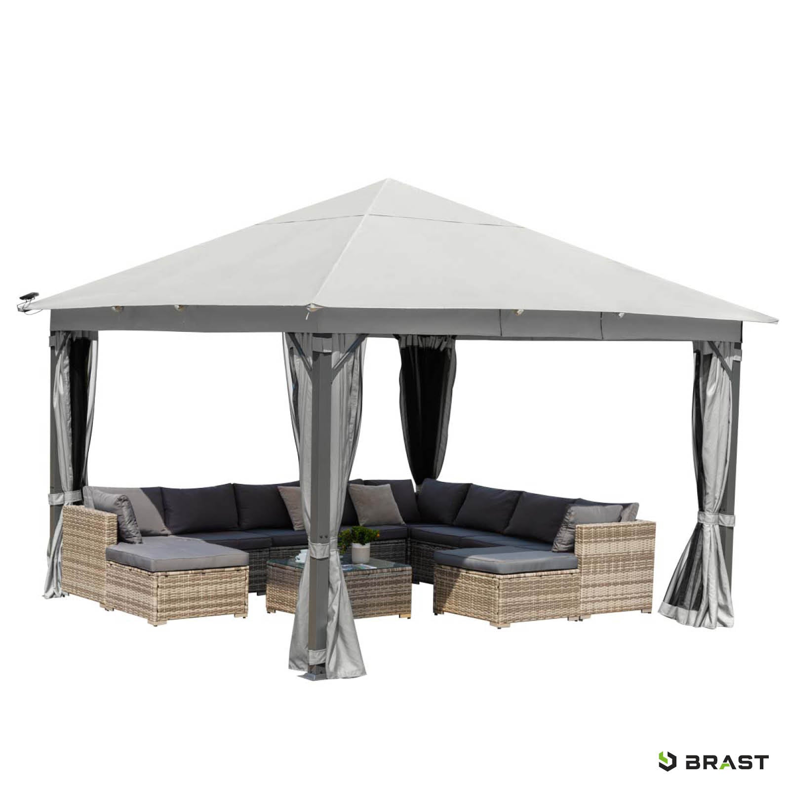 Hellgrauer Alu Gartenpavillon 4x4m mit wasserdichtem Dach, stabil und ganzjährig winterfest, sturmfestes Design.